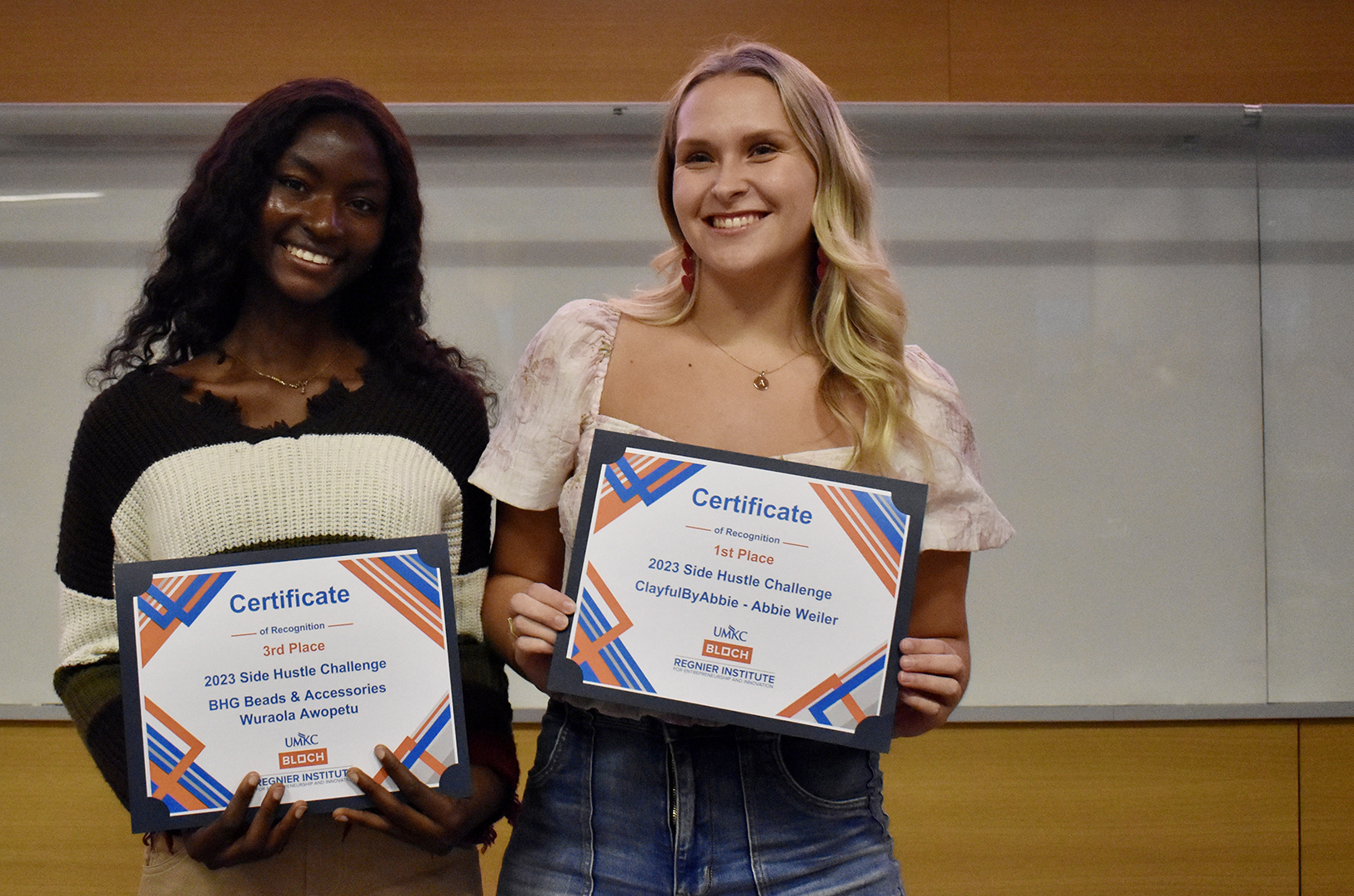 UMKC Side Hustle Challenge Winners: Wuraola Awopetu, BHG Beads & Accessories; and Abbie Weiler, ClayfulByAbbie; not pictured, Caleb Elliott Lazy Laundry; photo by Nikki Overfelt Chifalu, Startland News