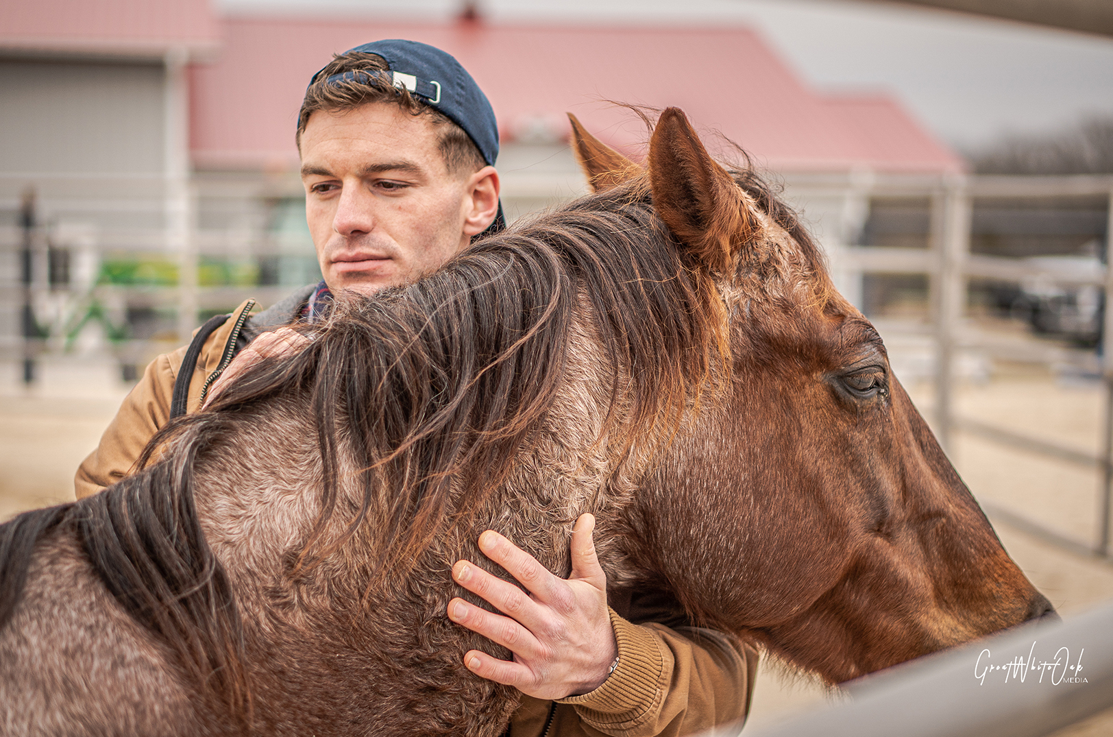 A veteran works with one of the horses at War Horses For Veterans in Stillwell, Kansas; photo courtesy of War Horses for Veterans