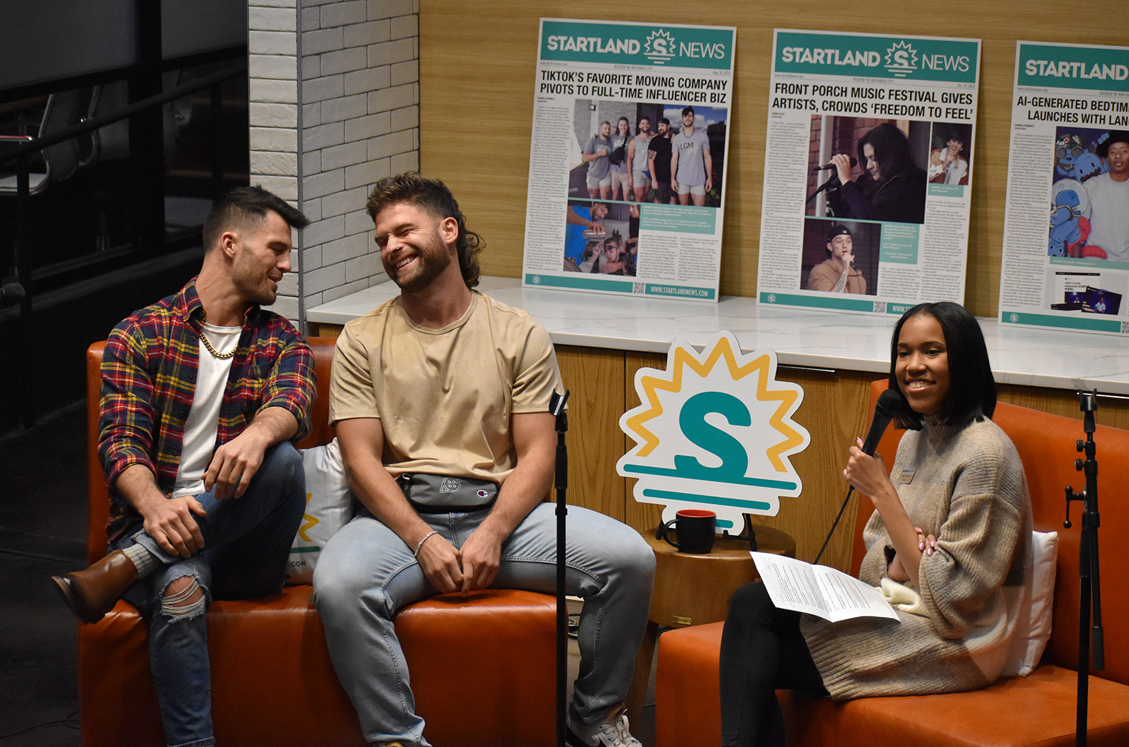 Chase Higgins and Stephen Lomas interviewed by reporter Taylor Wilmore during Startland News LIVE; photo by Tommy Felts, Startland News