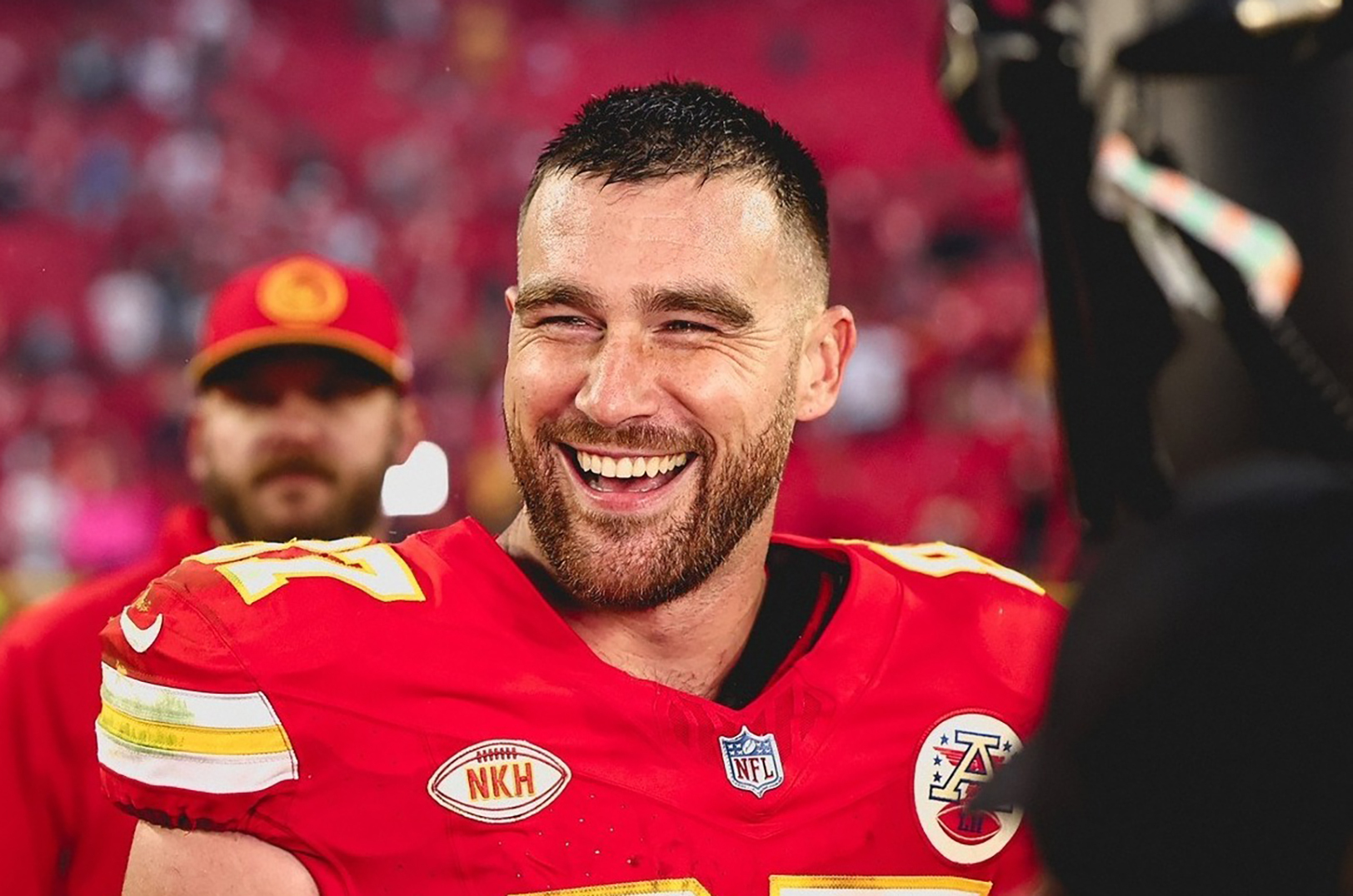 Kansas City tight end Travis Kelce smiles Oct. 22 after the Chiefs 31-17 victory over the Los Angeles Chargers with girlfriend Taylor Swift in the crowd; photo courtesy of the Kansas City Chiefs