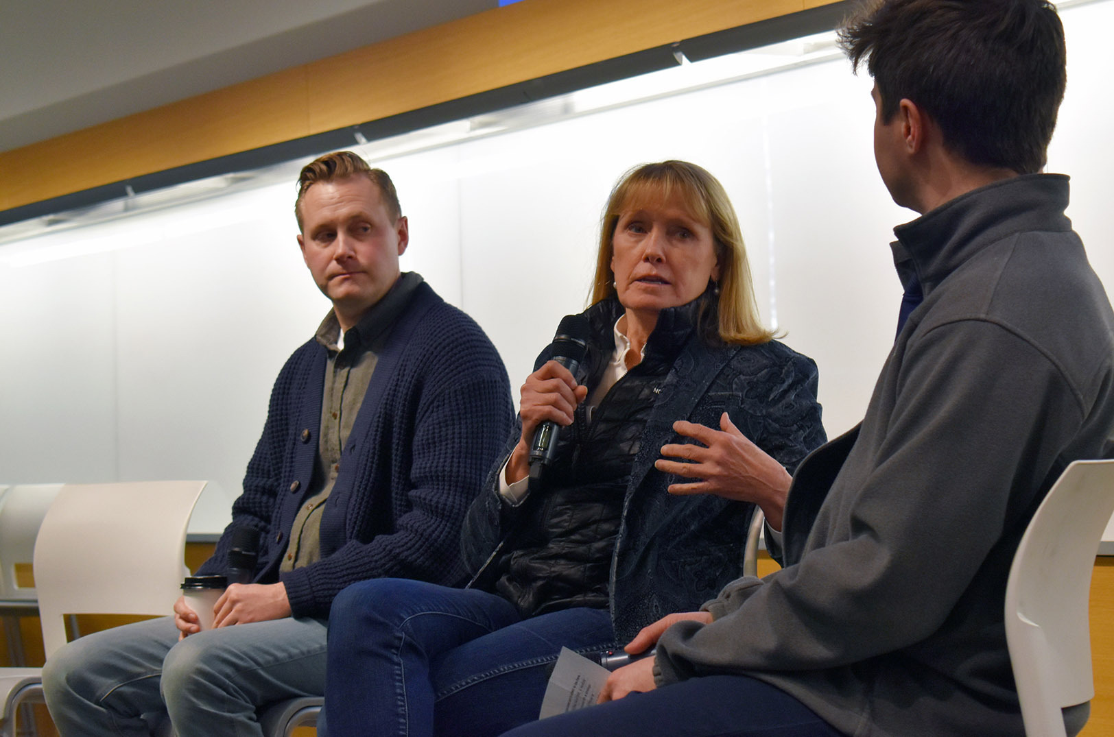 Darcy Howe, KCRise Fund, speaks alongside Taylor Clauson, Abstraction Capital, during a "Funding Your Startup in 2024" panel conversation at Startland News’ Kansas City Startups to Watch in 2024 seminar and reception; photo by Taylor Wilmore, Startland News