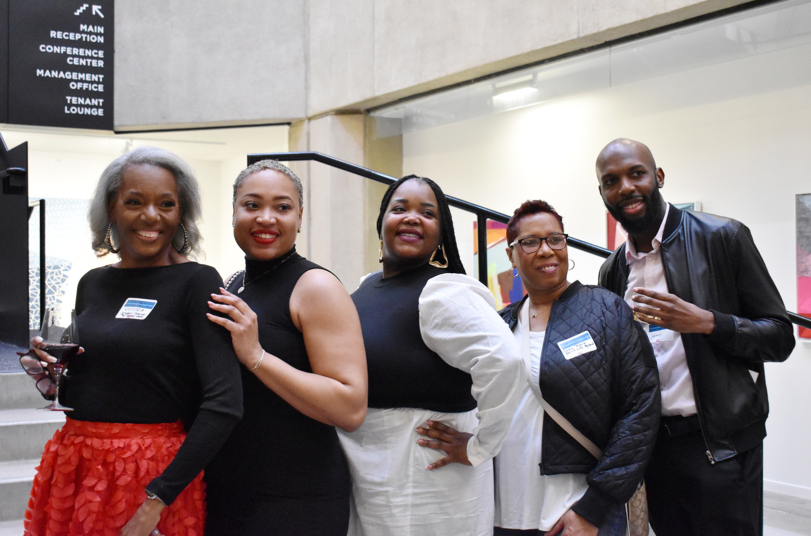 Victoria Campbell Osborne, The Scented Webb, left, poses with fellow Small Business Superstars Christina Williams and Tamela Ross, The Blakk Co.; Debra Roark, Spirit Life Apparel & Screenprinting; and James Thomas, Brain Freeze Mobile Daiquiri Shop; in 2023 at the KC Chamber's Small Business Superstars reception; photo by Channa Steinmetz, Startland News