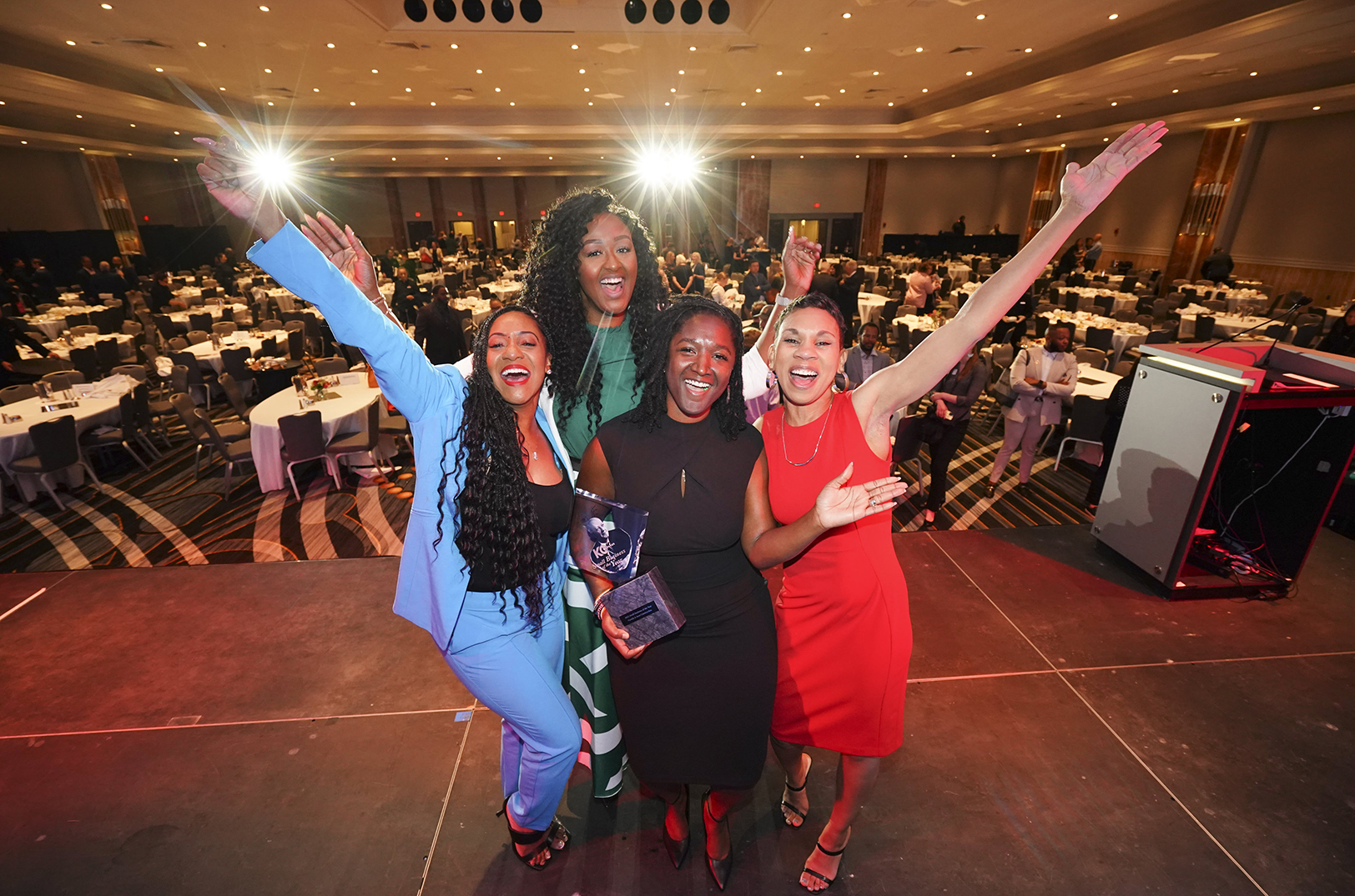 Elaina Paige Thomas, Next Paige Talent Agency; Shakia Webb, Ewing Marion Kauffman Foundation; Fahteema Parrish, Parrish & Sons Construction (2023 Mr. K Award winner); and Nia Richardson, KC BizCare; are pictured at the 2023 Small Business Celebration; photo courtesy of the KC Chamber