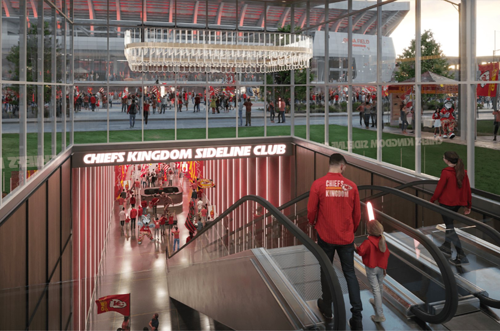 A rendering from the Kansas City Chiefs shows  Chiefs Kingdom Sideline Club access to an underground tunnel into Arrowhead Stadium; images courtesy of the Kansas City Chiefs