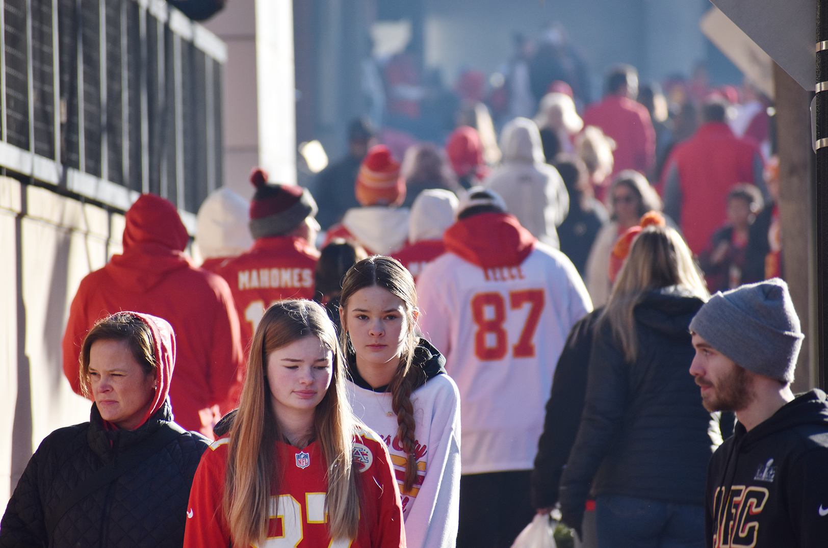 Chiefs fans walk through downtown Kansas City before the Chiefs victory parade; photo by Austin Barnes, Startland News