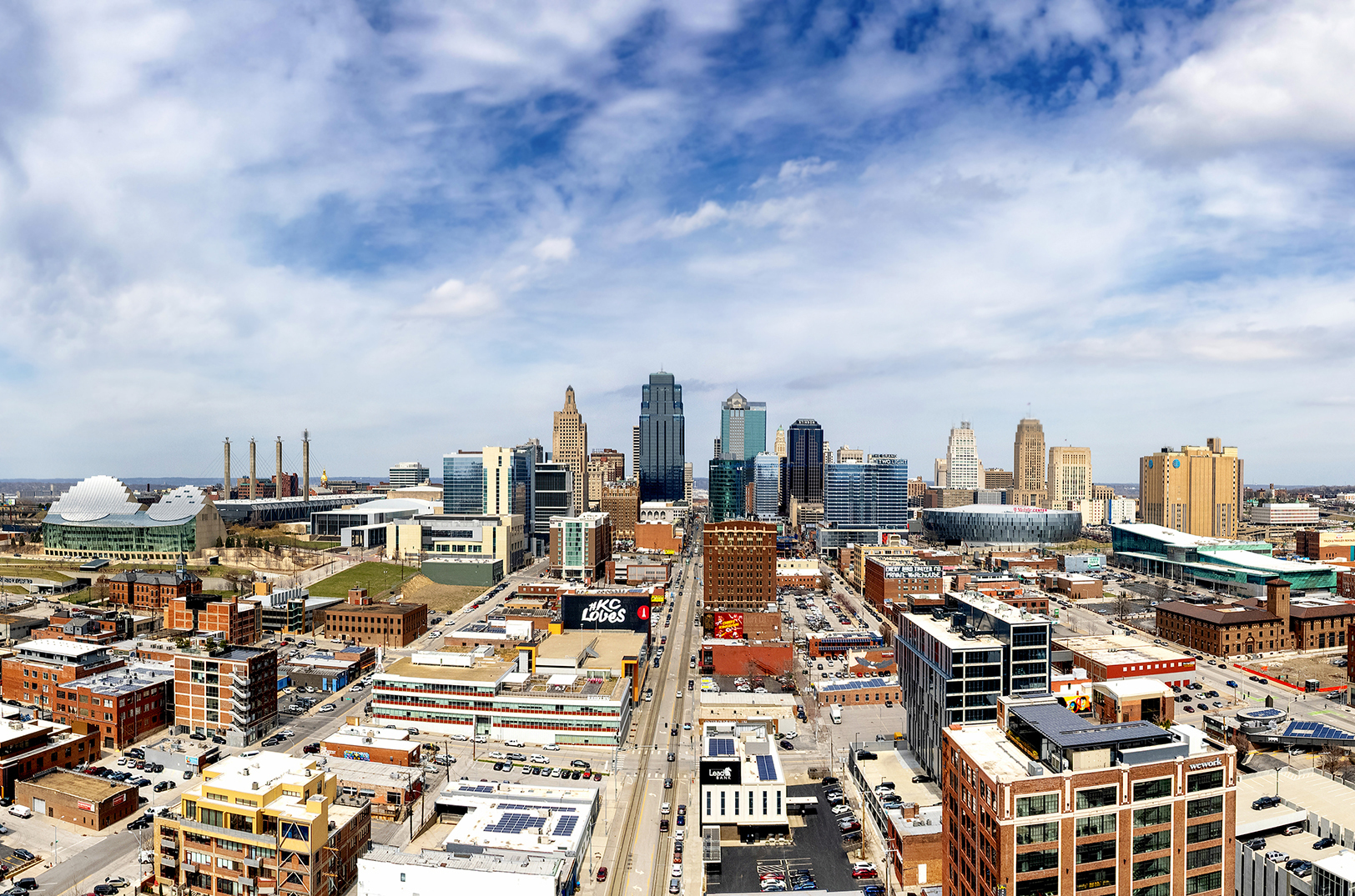 Aerial view of the downtown business district of Kansas City, Missouri, skyline overlooking Crossroads and Power and Light districts of the city