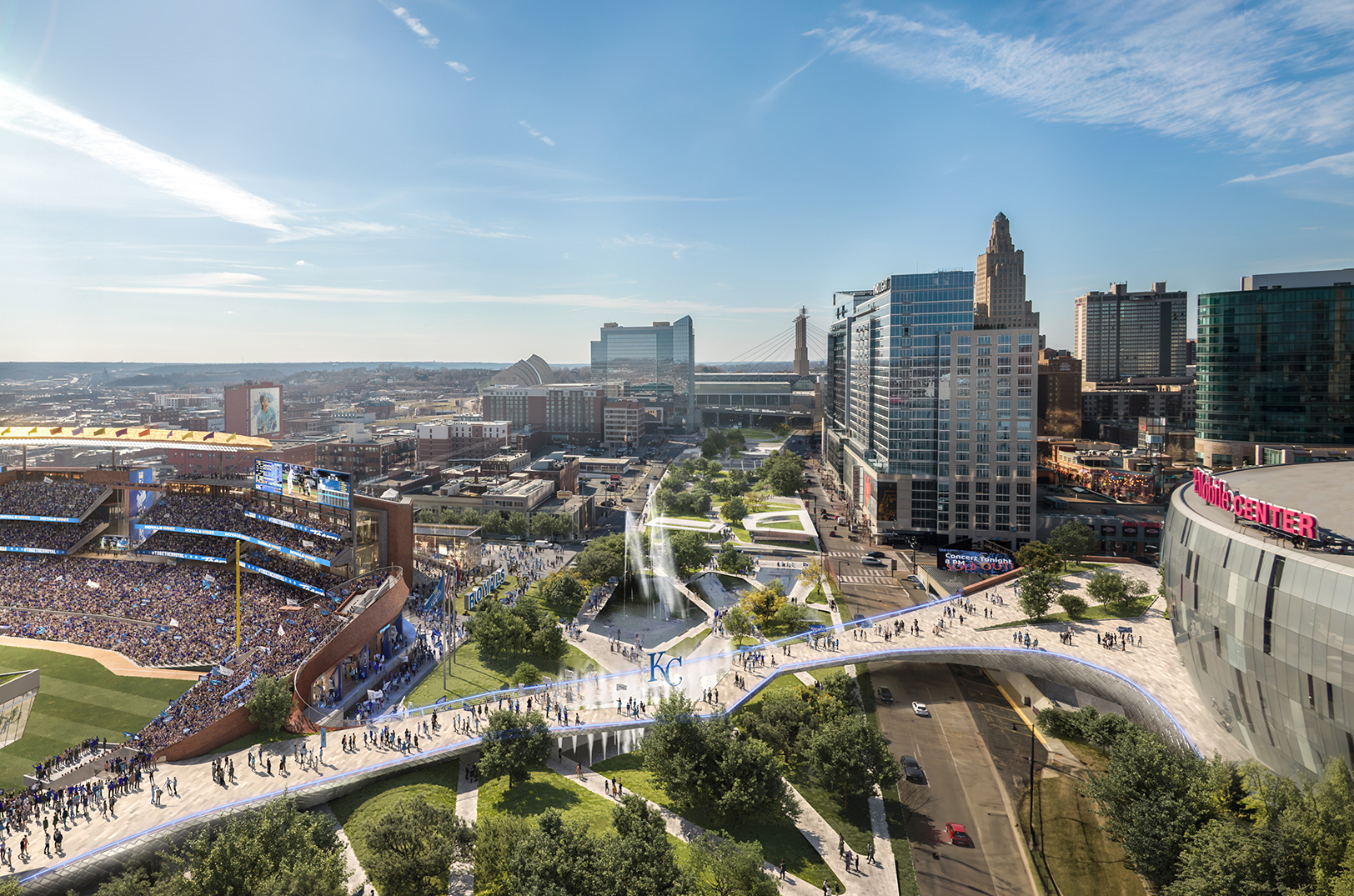 A rendering of the Royals new ballpark district in the East Crossroads connects the arts district to downtown Kansas City; rendering courtesy of Populous