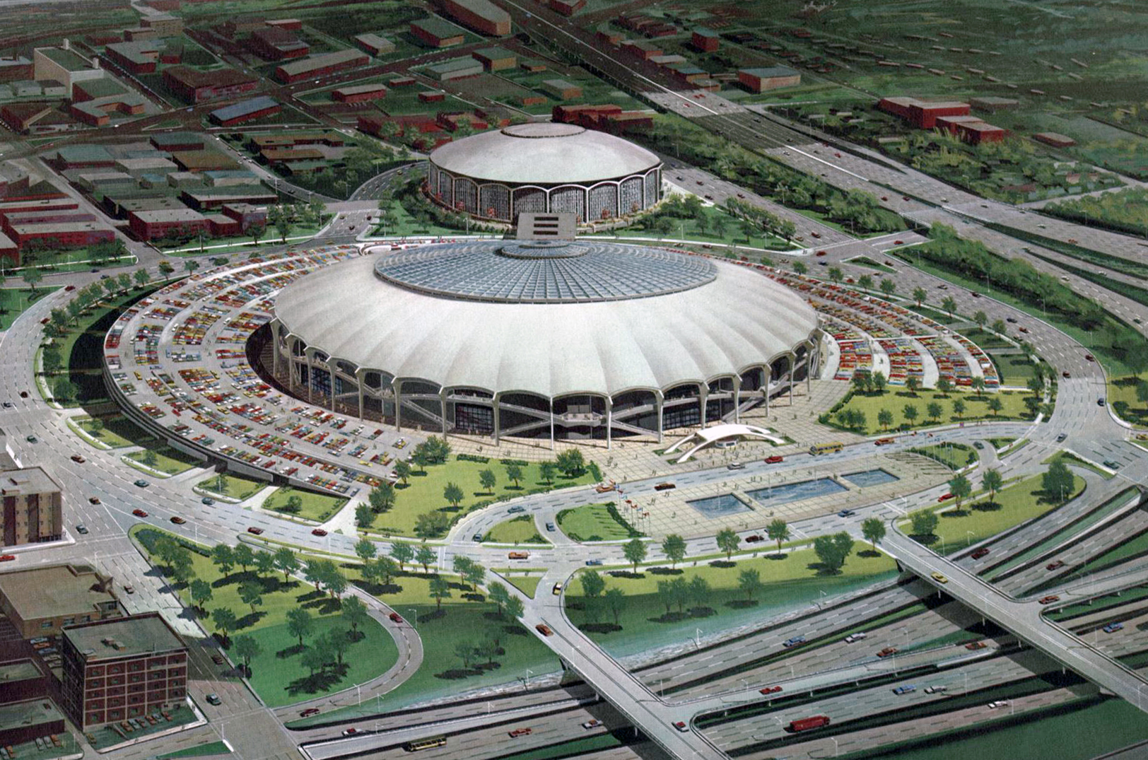 In the early 1960s, some downtown Kansas City organizations advocated for the construction of a domed stadium, with an attached auditorium, in or near the central business district. The site they targeted is where the Kauffman Center for the Performing Arts is now located; image courtesy of LaBudde Special Collections, Miller Nichols Library, University of Missouri-Kansas City