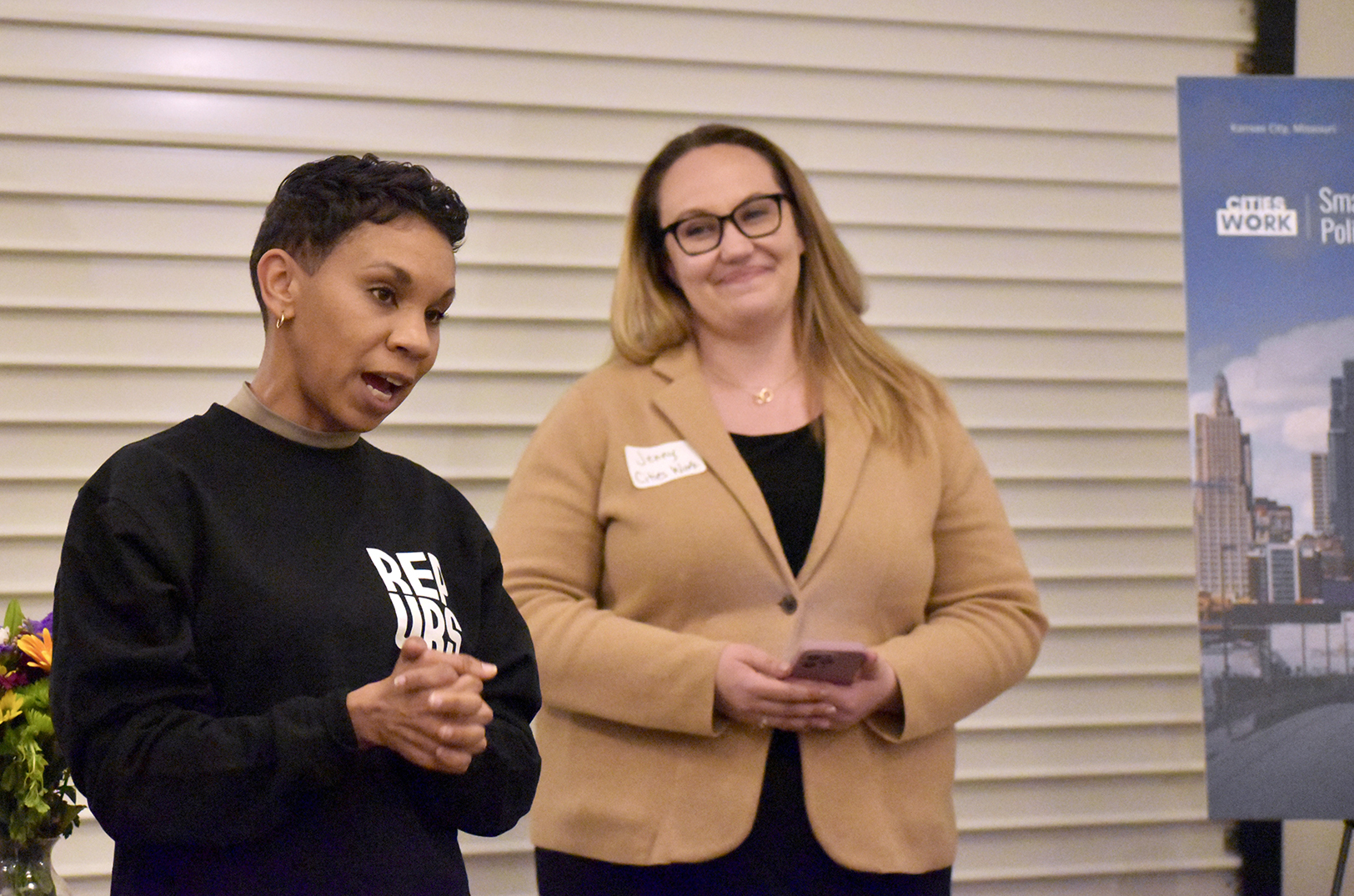 Nia Richardson, KC BizCare, speaks alongside Jennifer McDonald, Cities Work, during an event celebrating entrepreneurship and revealing Cities Work's study on KCMO; photo by Nikki Overfelt Chifalu, Startland News