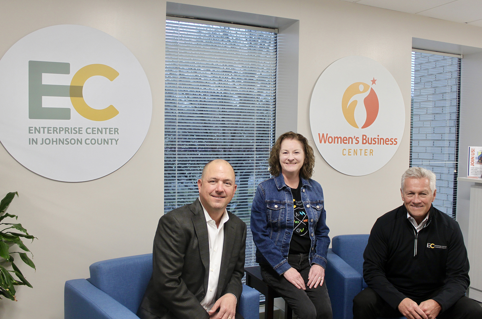 John Brandmeyer, board chair for the Enterprise Center in Johnson County and CEO of Brandmeyer Enterprises; Brande Stitt, executive director of the Women’s Business Center and director of entrepreneurship for ECJC; and Jeff Shackelford, CEO of ECJC; at ECJC's offices in Overland Park; photo courtesy of the Enterprise Center in Johnson County