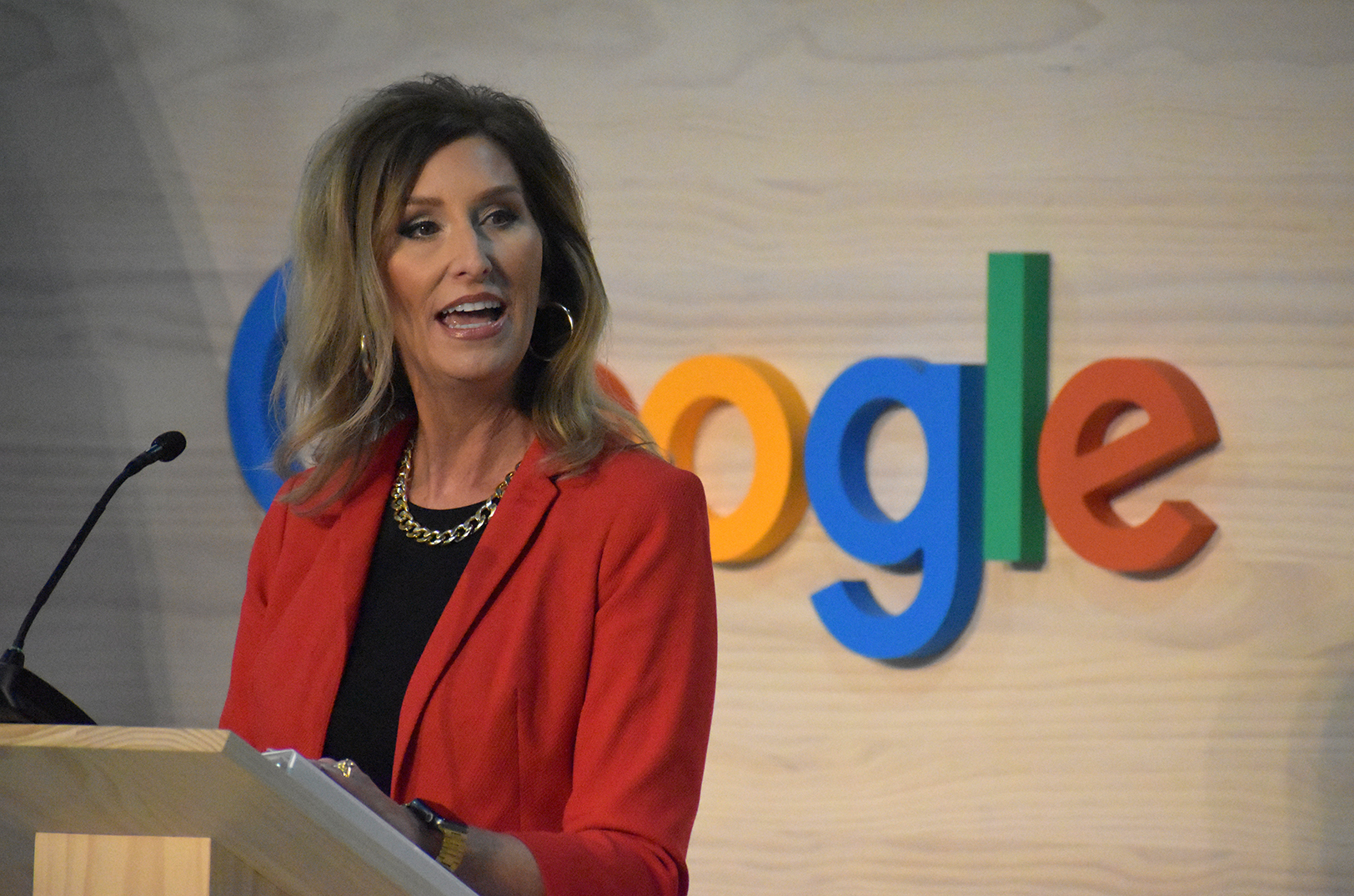 Dr. Rochel Daniels, school district superintendent at North Kansas City, speaks during an announcement event for Google's billion-dollar data center in Kansas City; photo by Nikki Overfelt Chifalu, Startland News