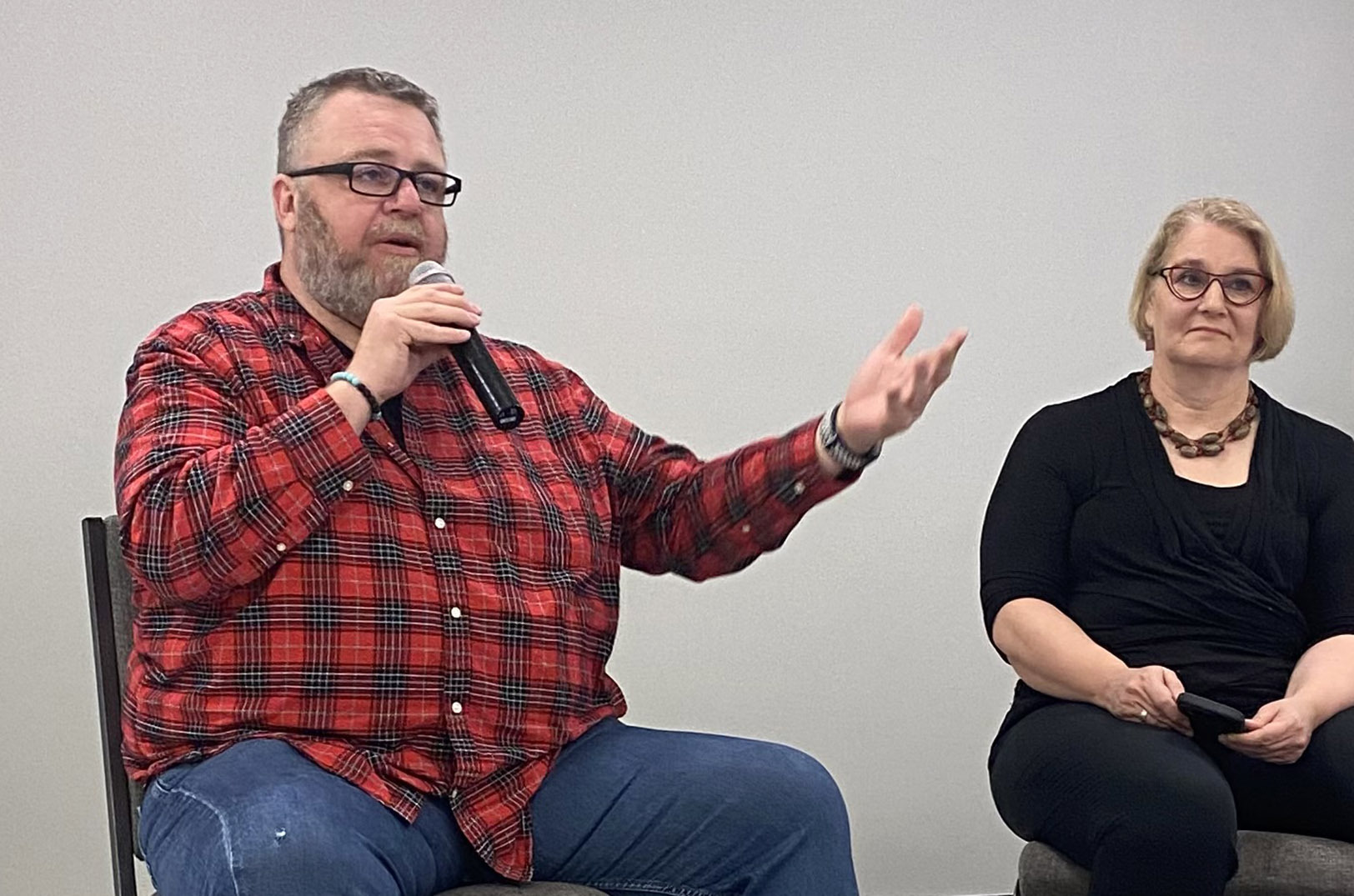 Todd Johns, Plowboys Foods, speaks during a conversation with food editor and writer Jill Silva Mid-Continent Public Library’s Food Business Conference at the Ennovation Center in Independence; photo by Nikki Overfelt Chifalu, Startland News