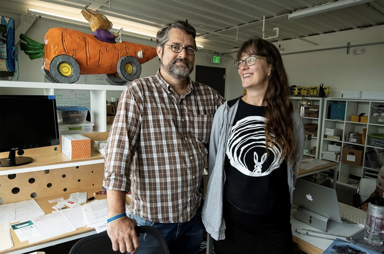 Co-founders and spouses Pete Cowdin and Deb Pettid, pictured here in 2019, first began working on The Rabbit Hole in 2018. Their new museum will open to the public March 12; photo by Julie Denesha, KCUR