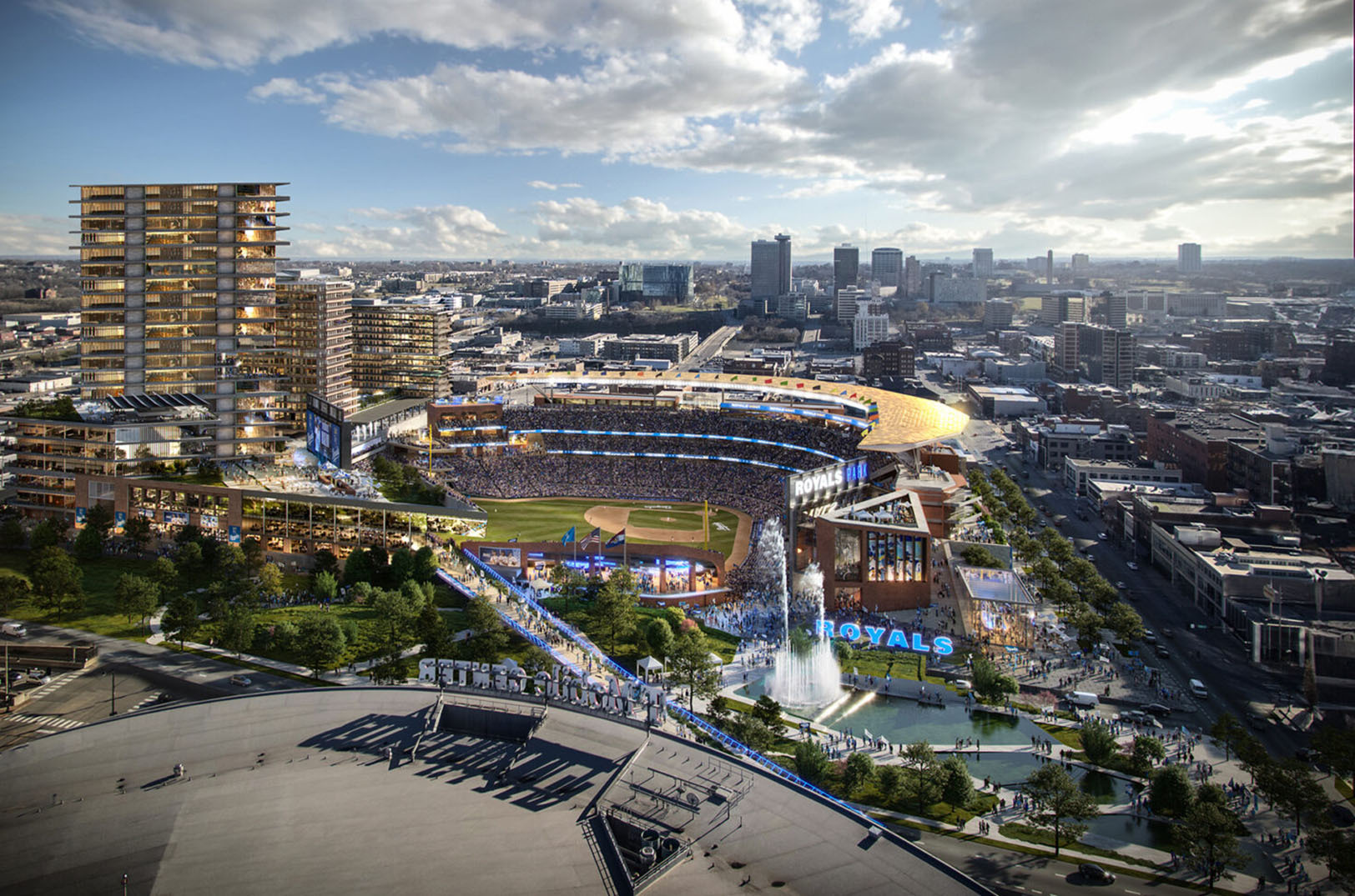 Rendering of the Royals' proposed ballpark district in the East Crossroads, looking south; rendering courtesy of Populous