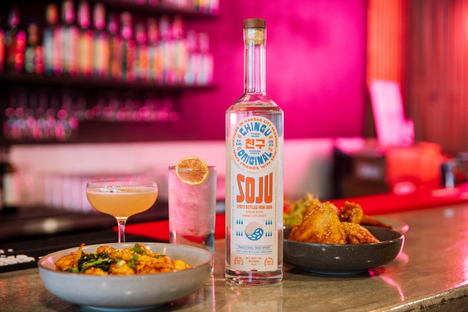 Chingu Soju, a partnership between Chingu and Mean Mule Distilling Co., with model packaging developed by Kansas City designer Frank Norton; photo by Alyssa Broadus
