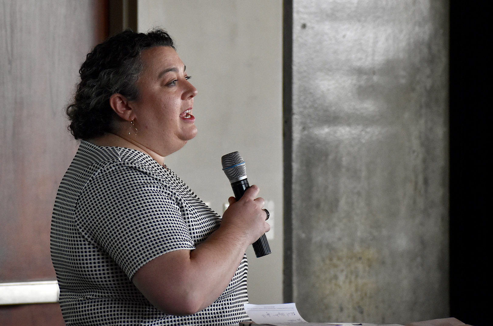 Melissa Roberts Chapman, the KC BioHub’s acting regional innovation officer, delivers remarks in March at a Tech Hubs celebration event at Boulevard Brewing marking Kansas City's funding submission; photo by Nikki Overfelt Chifalu, Startland News