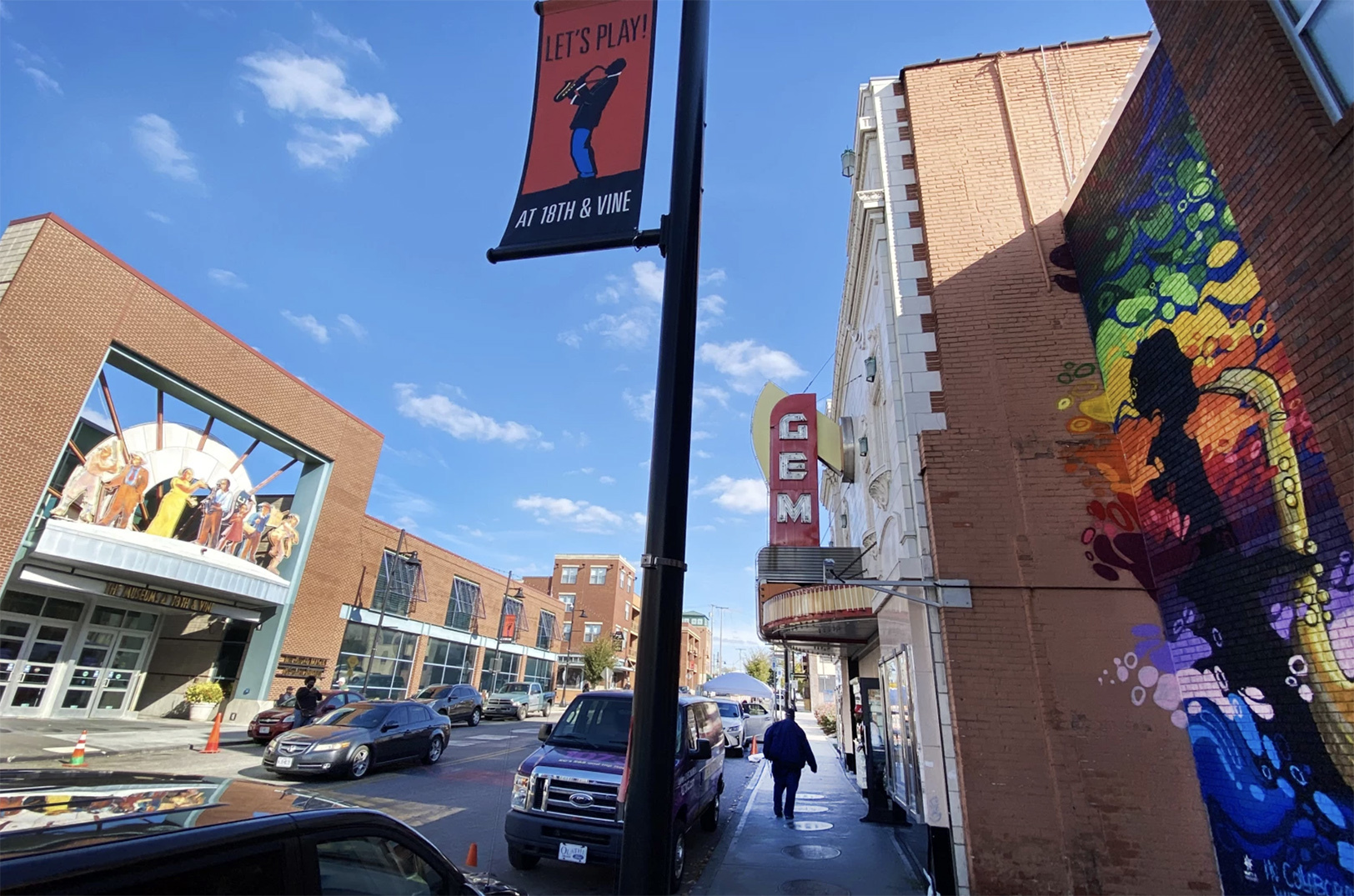 View of 18th and Vine looking east. Businesses and workers in the historic Jazz district were divided on their reaction to the vote on April 2 rejecting the extension of a 3⁄8-cent sales tax for a ballpark in the Crossroads; photo by Carlos Moreno, KCUR