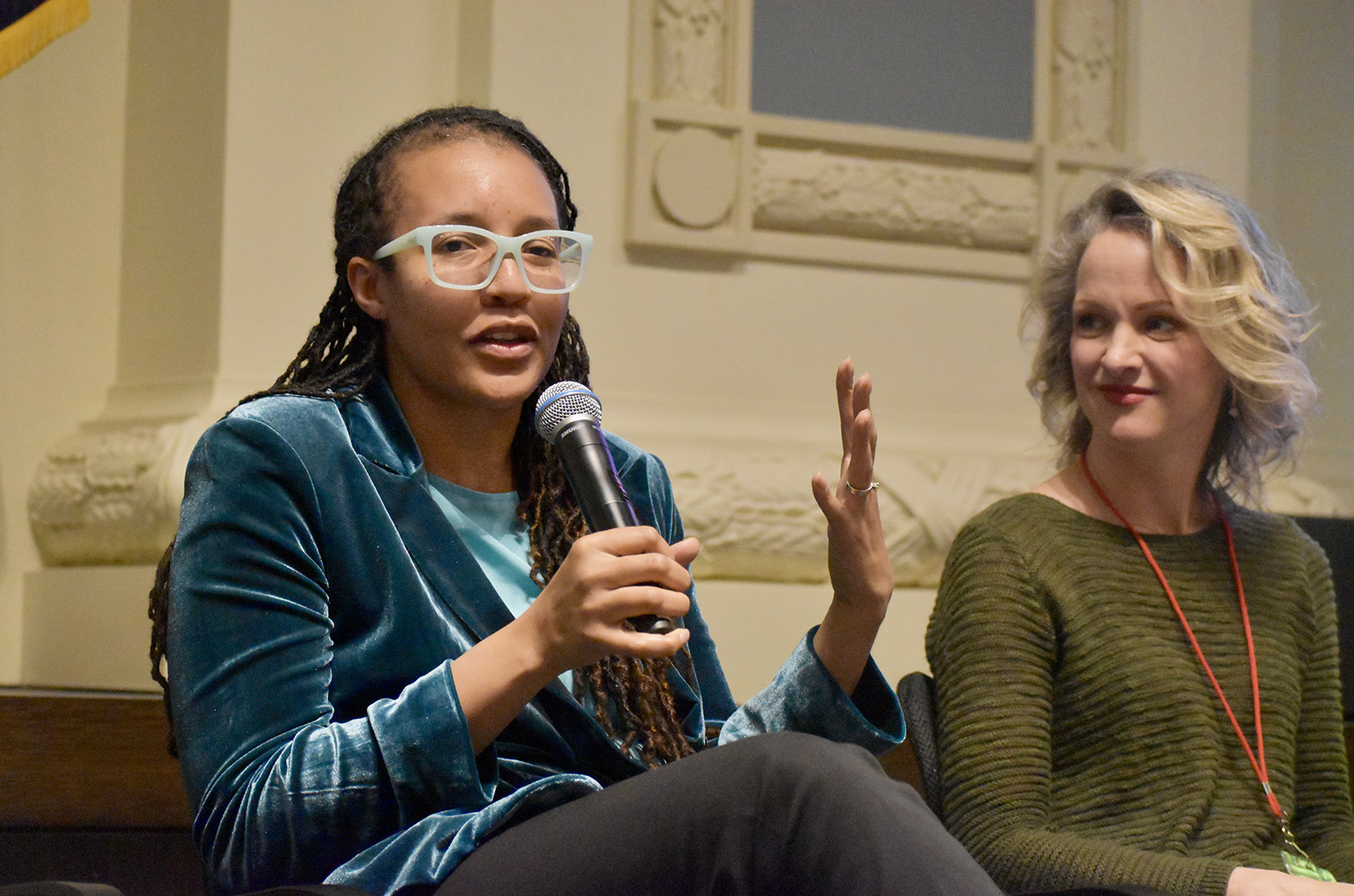Dr. Brandy Archie, AskSAMIE, discusses the role of women in entrepreneurship alongside Vanessa Jupe, Leva, during the 2024 C3KC conference at Union Station; photo by Nikki Overfelt Chifalu, Startland News