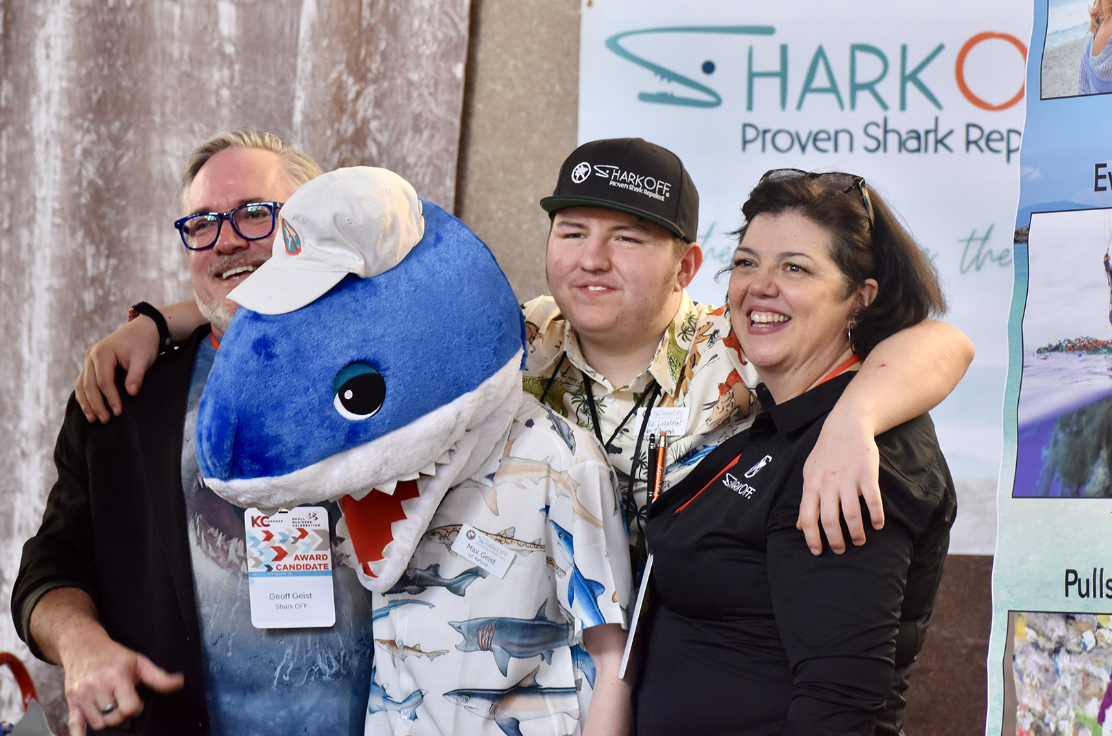 The Geist family — and the entrepreneurs behind Kansas City-based Shark OFF — pose together for a photo at the KC Chamber's Small Business Showcase in Union Station's Grand Hall; photo by Nikki Overfelt Chifalu, Startland News