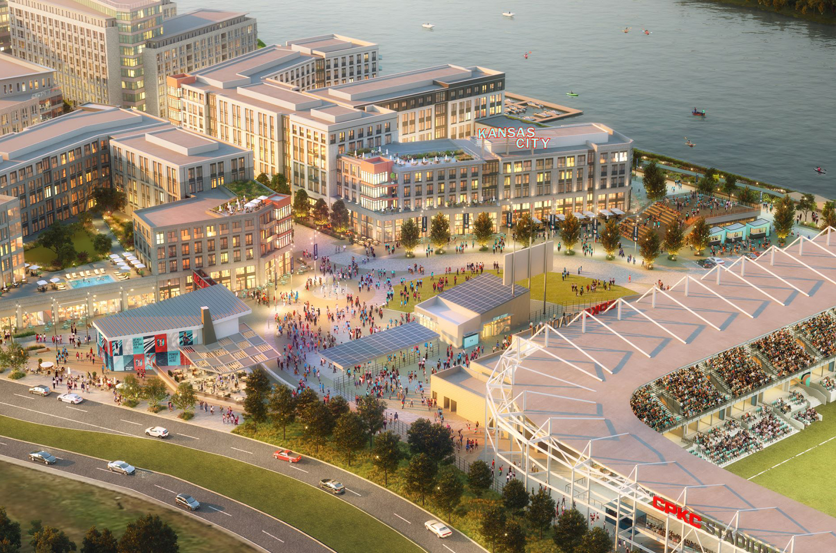 A rendering of an aerial view of the mixed-used project planned west of the new KC Current stadium on the riverfront; rendering courtesy of the KC Current
