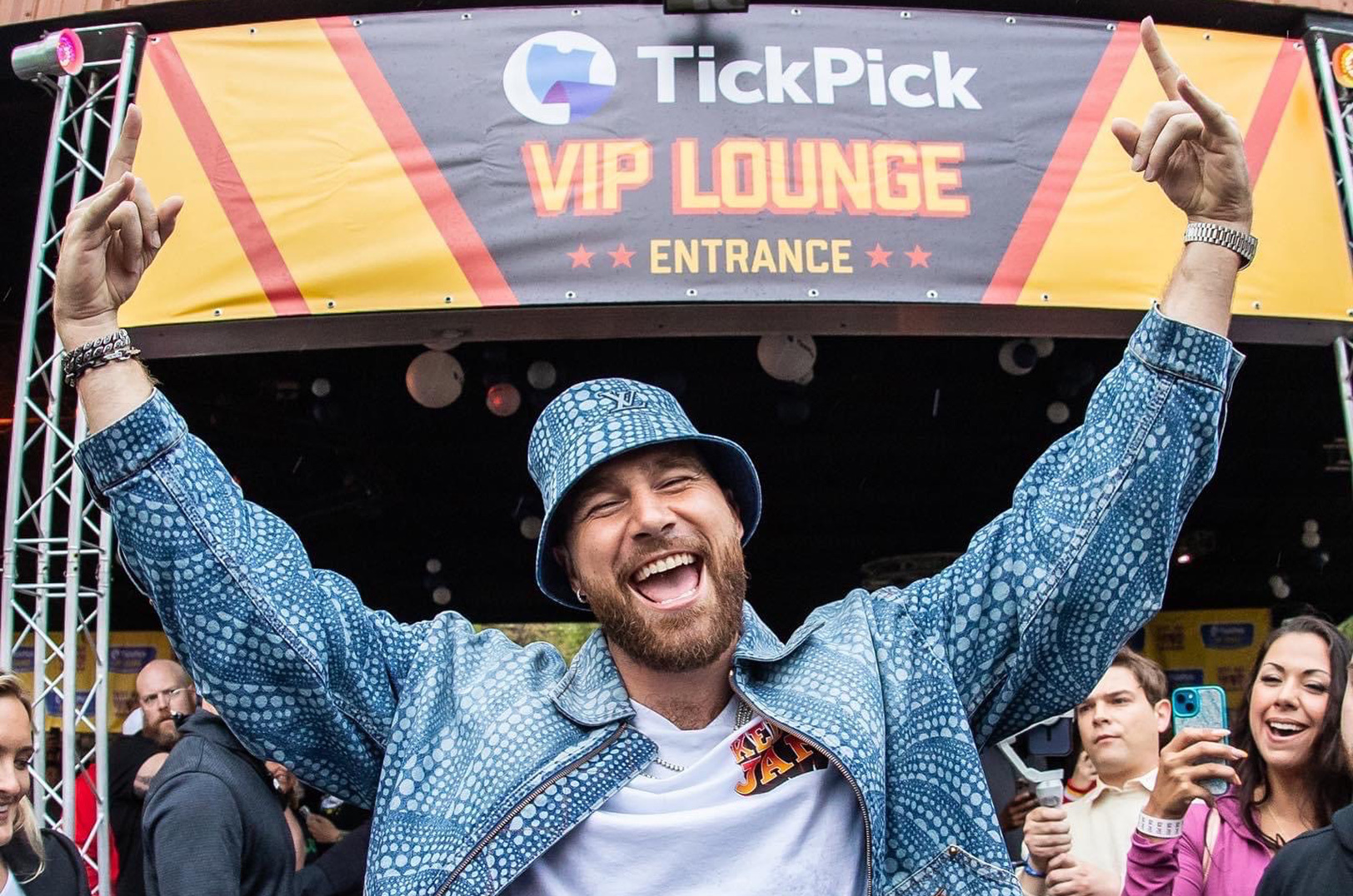 Travis Kelce poses with VIP fans during the 2023 Kelce Jam at Azura Amphitheater; photo courtesy of Kelce Jam