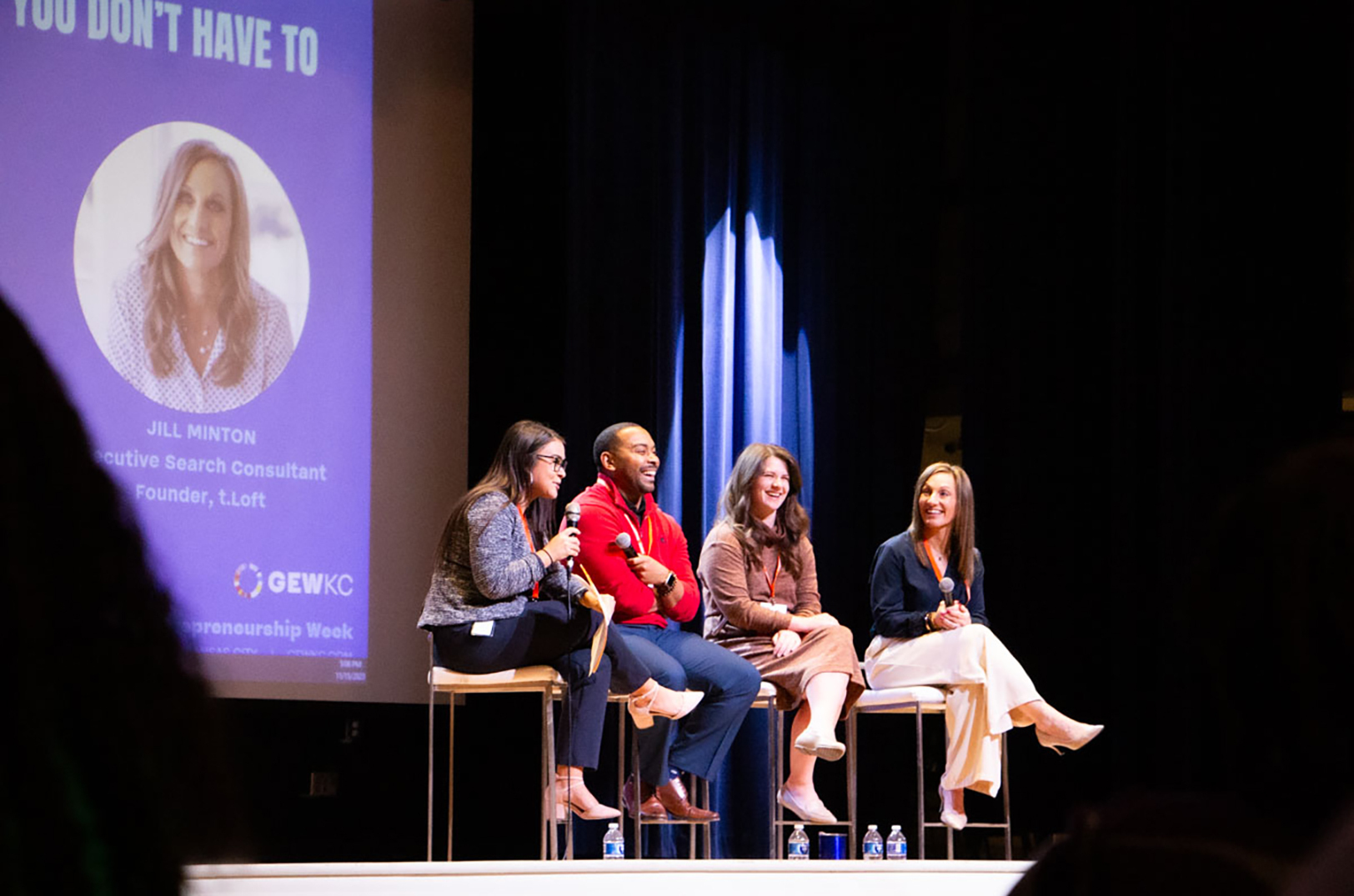 Panelists participate in a "Everyone Makes Legal Mistakes, But You Don't Have To" session during the 2023 GEWKC event series at the Plexpod Westport (now the Offices at Park 39) base camp; photo courtesy of KCSourceLink