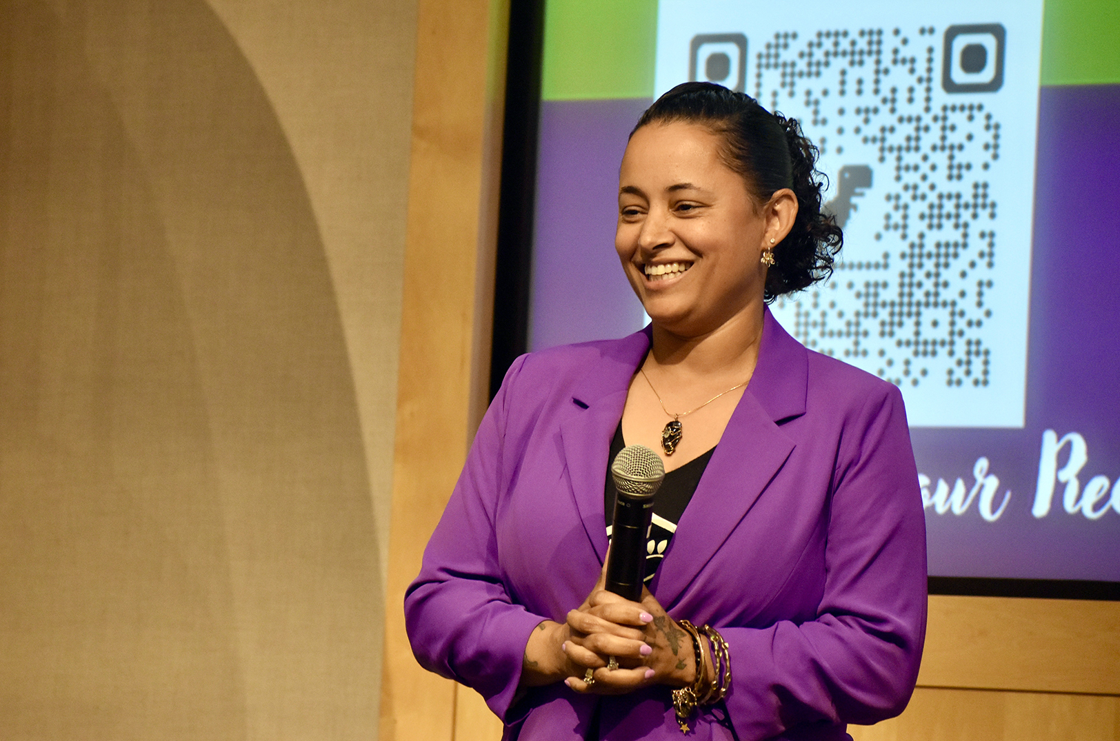 Patricia McCreary, Margaret’s Place, answers questions from judges during the SCORE Access to Money pitch competition; photo by Nikki Overfelt Chifalu, Startland News