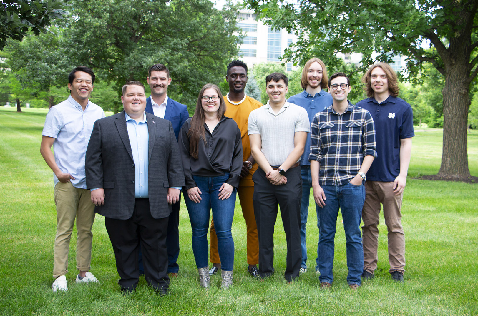 Digital Sandbox KC awardees for Q2 2024: Bing Low, Ulom App; Danny Moran and Bryce Wolff, Advoteck; Sara Tucker and Zik Nwanganga, Ulom App; Anhony Loya, Parsed; Ryan Hesse, LAN Party Technologies; Jordan Mryyan, Conduit; and Evan Hesse, LAN Party Technologies; photo courtesy of the UMKC Innovation Center