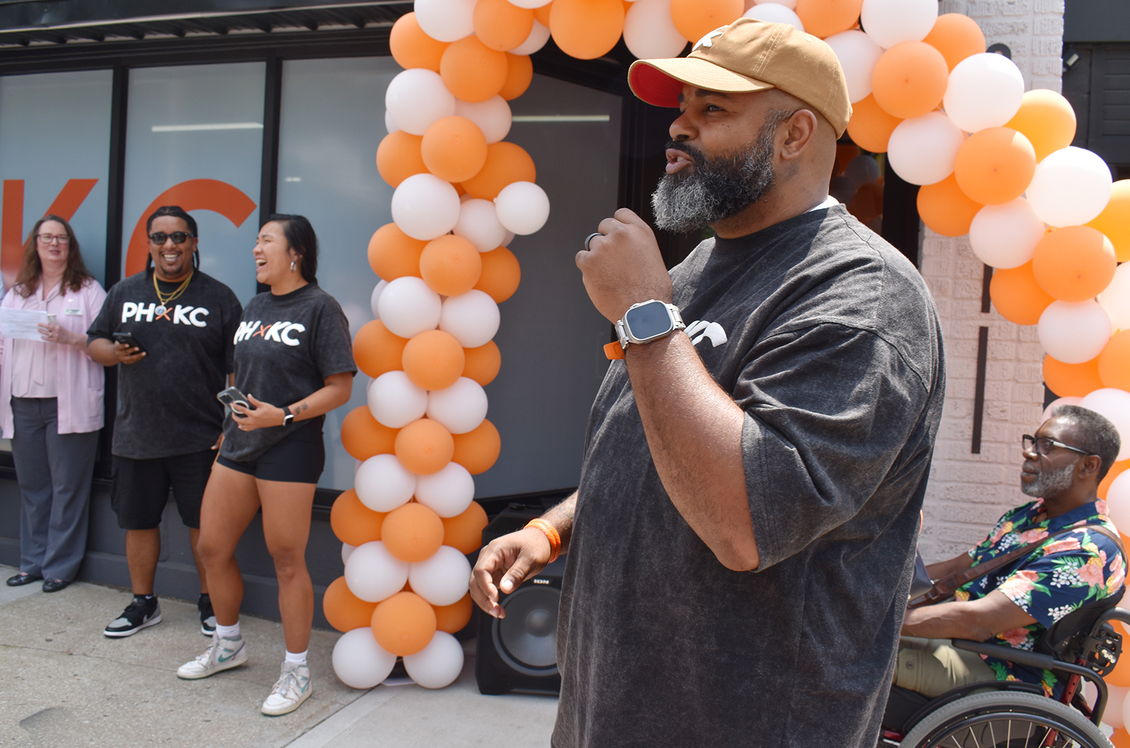 Dan Smith, The Porter House KC, greets a crowd gathered for the grand opening of the 811 Retail Incubator at 811 E. 31st St.; photo by Nikki Overfelt Chifalu, Startland News