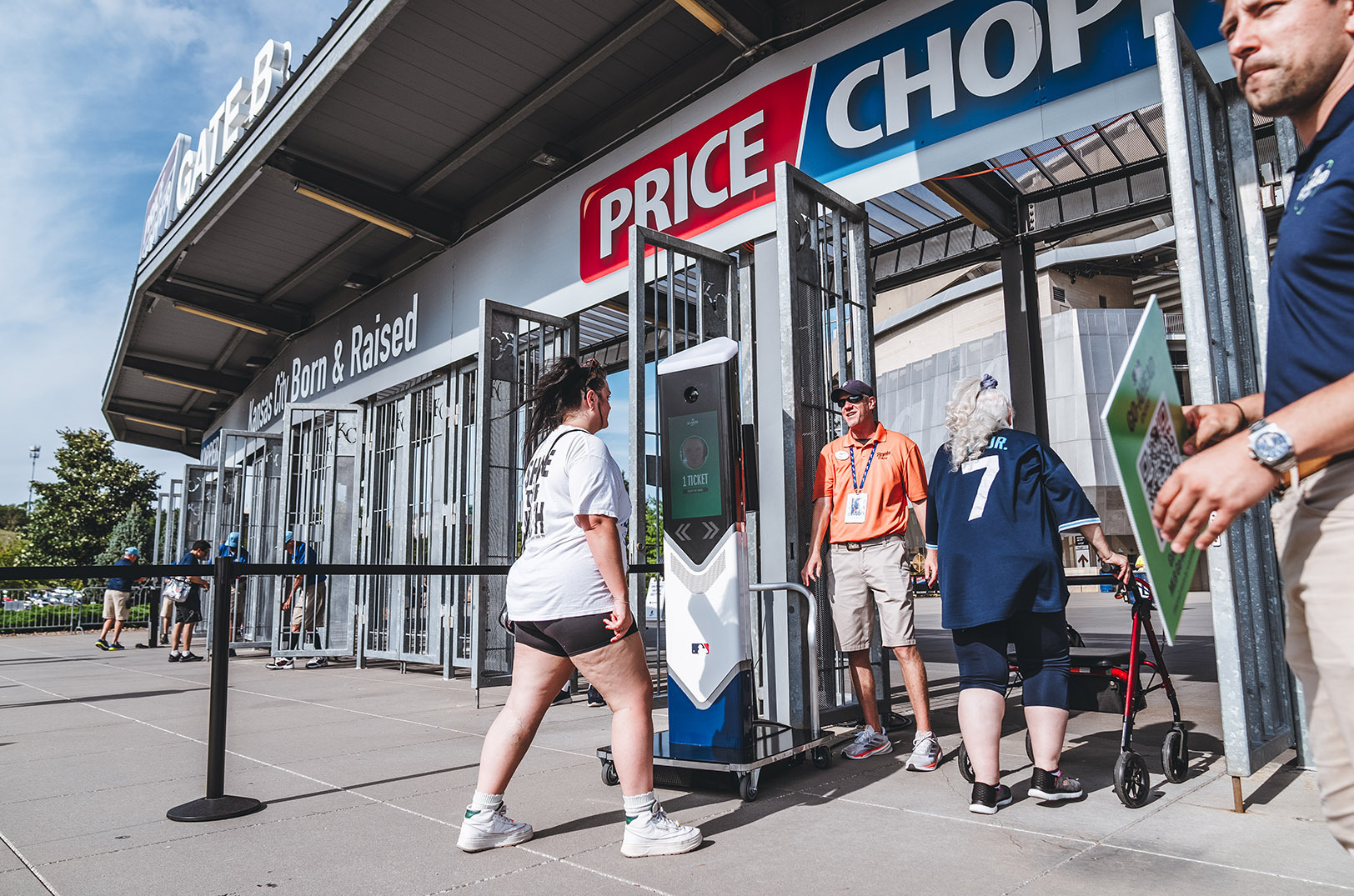 Workers at Kauffman Stadium guide Royals fans through a soft launch of the new Go-Ahead system July 19 during a game against the Chicago White Sox; photo by Jason Hanna, Kansas City Royals