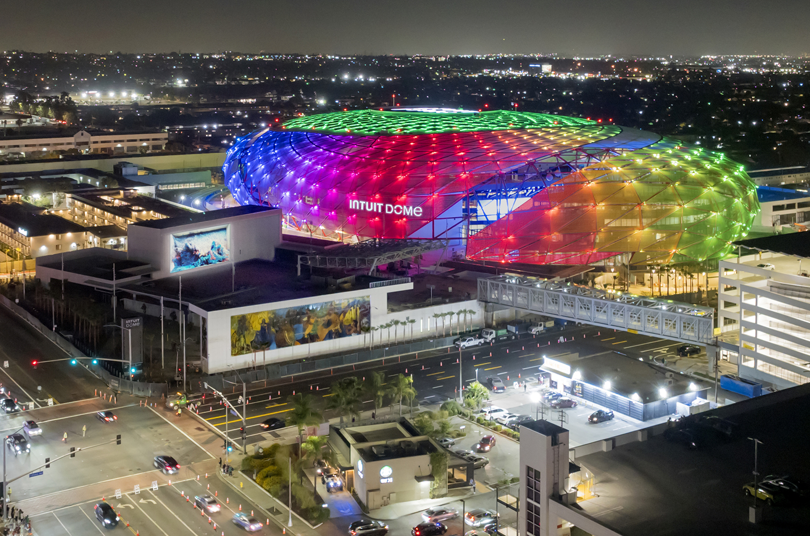 Intuit Dome with exterior digital artwork by Jennifer Steinkamp; photo courtesy of the L.A. Clippers