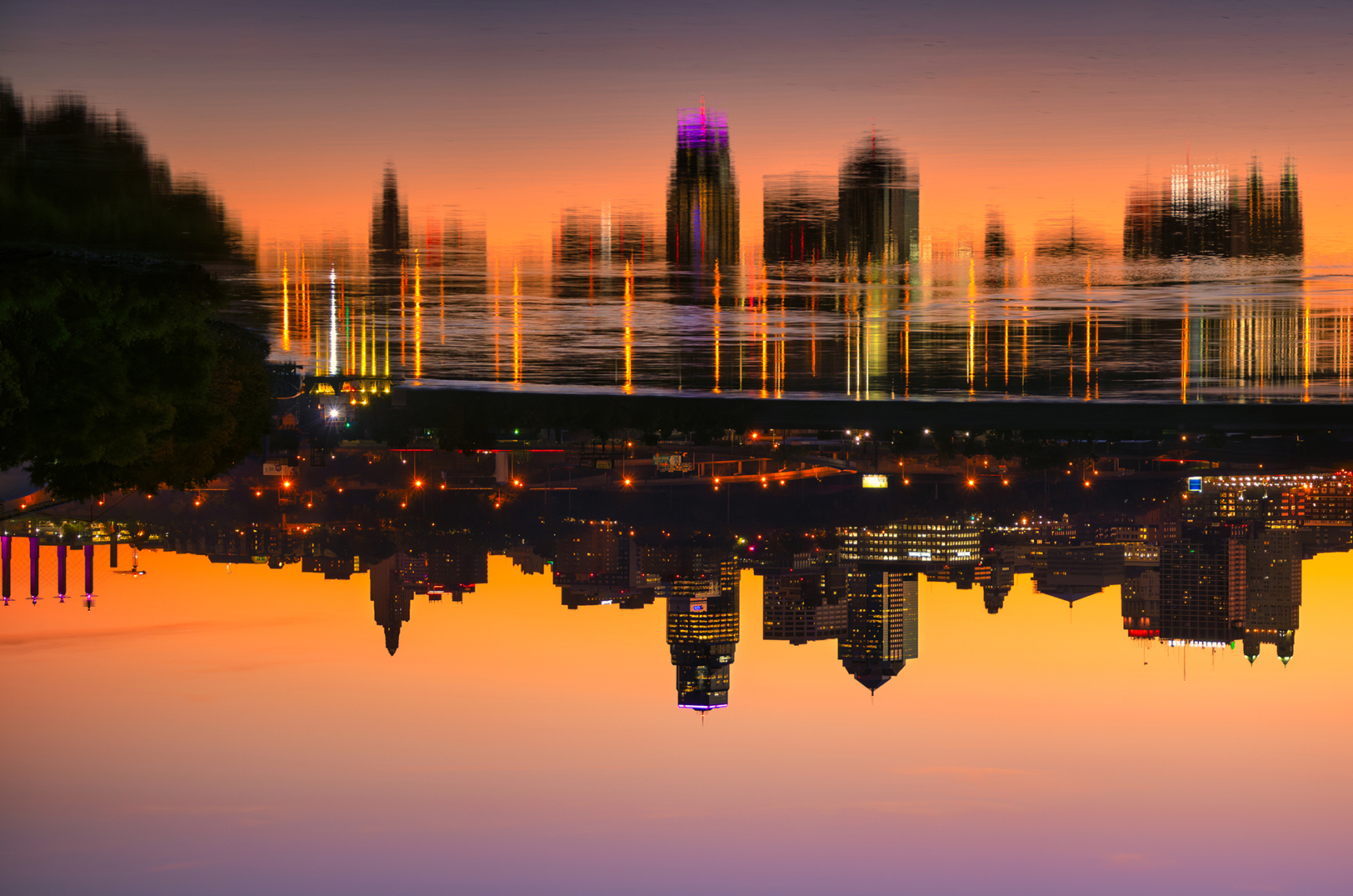 Kansas City skyline at dawn, inverted
