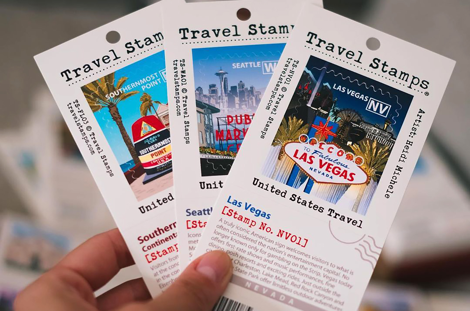 A selection of popular destination stamps from Olathe-based Travel Stamps; photo courtesy of Travel Stamps