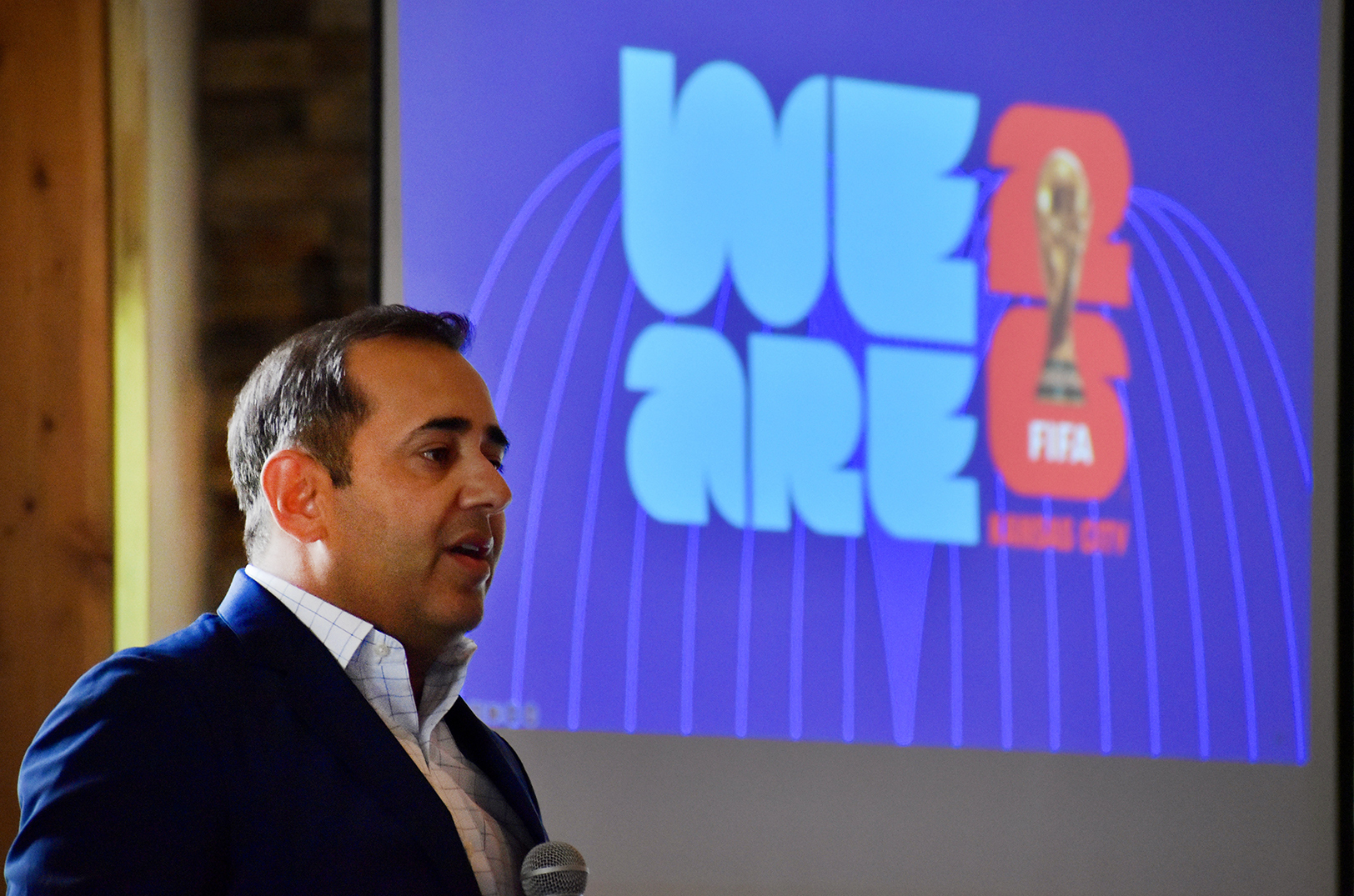 Neal Sharma, vice president of the Kansas City FIFA World Cup 26 board of directors, speaks during the "Over The Fence" World Cup update luncheon at The Venue in Kansas City, Kansas; photo by Nikki Overfelt Chifalu; Startland News