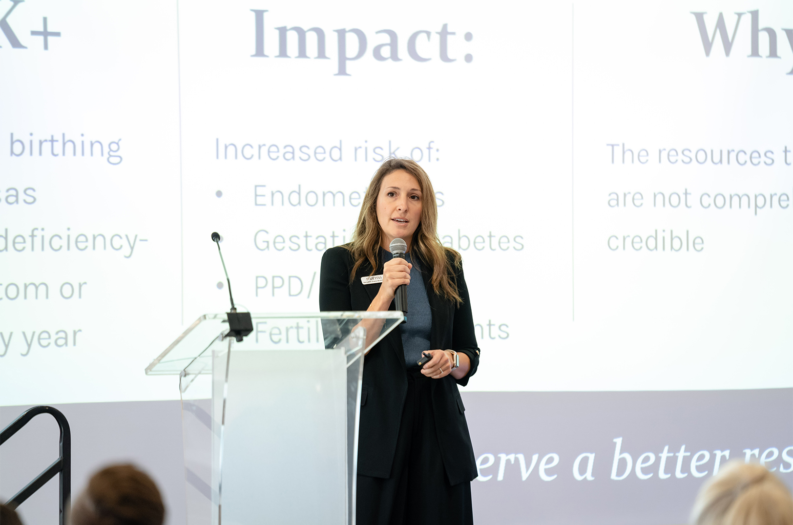 Meredith McAllister, Marma, pitches her company during the 2024 NXTSTAGE Community Health & Vibrancy Pilot Competition in Wichita; photo courtesy of NXTUS