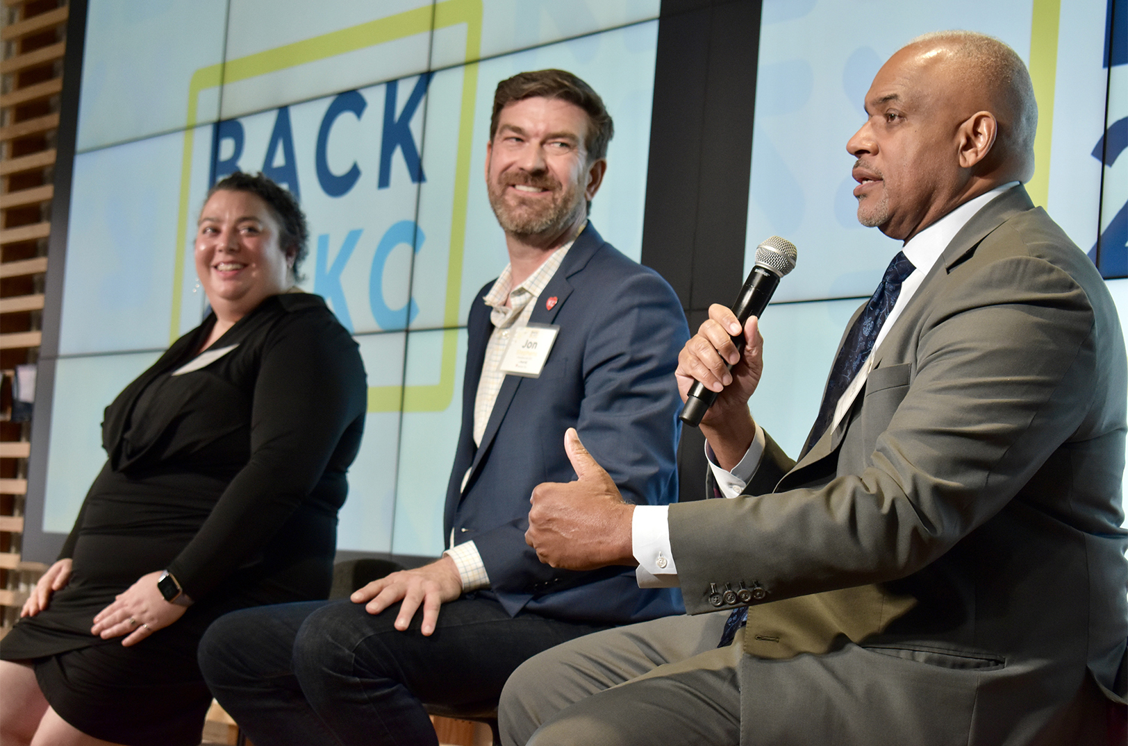 Tracey Lewis, president and CEO of the Economic Development Corporation of Kansas City, right, speaks alongside panelists Melissa Roberts Chapman, president and regional innovation officer for KC BioHub, and Jon Stephens, president and CEO of Port KC, during a 2024 Back2KC event at Safety Culture in Kansas City's Crossroads Arts District; photo by Nikki Overfelt Chifalu, Startland News