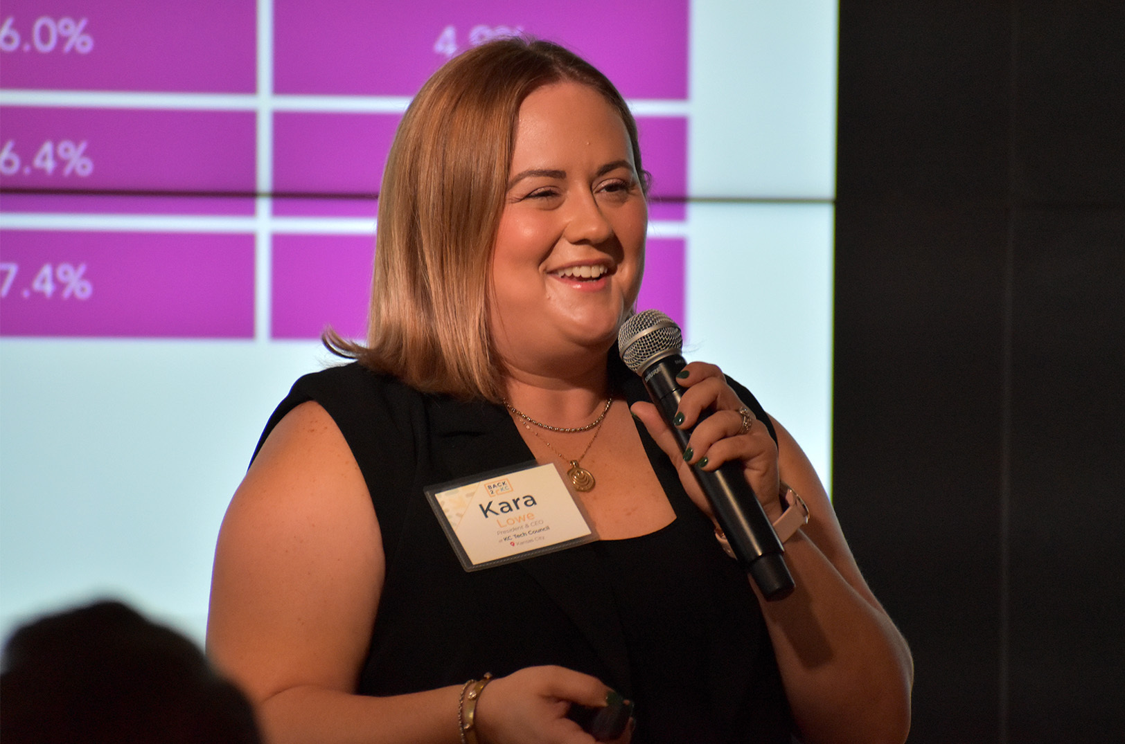 Kara Lowe, KC Tech Council, presents findings from the 2024 Tech Specs report to a crowd of Back2KC participants; photo by Taylor Wilmore, Startland News