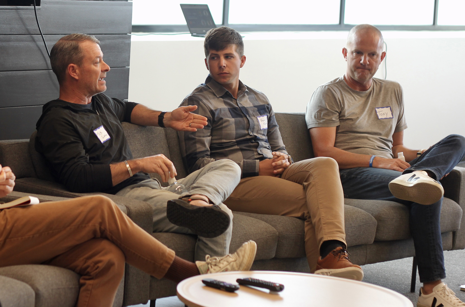 Stuart Ludlow, a thrice-exited founder, speaks during a Tech Venture Studio Sound Bytes session on equity and exit planning alongside attorney Gabriel Riekhof, Husch Blackwell, and Serial tech entrepreneur Tony Caudill; photo by Nikki Overfelt Chifalu, Startland News