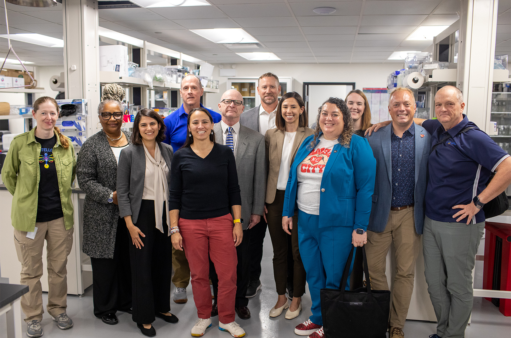 KC BioHub, BioNexus officials, U.S. Rep. Sharice Davids, D-Kansas, and representatives from the U.S. Department of Commerce’s Economic Development Administration (EDA) tour the biotech startup Ronawk in Johnson County; photo courtesy of BioNexus KC