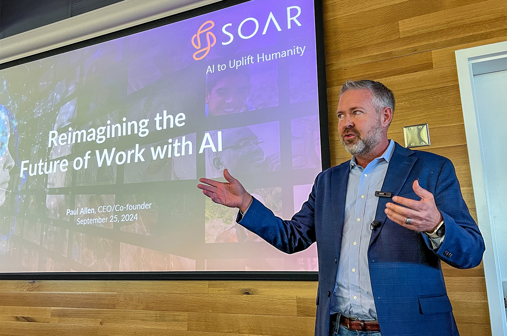 Paul Allen, founder of ancestry.com and the new AI-fueled portal Soar, speaks at the KU Innovation Park; photo by Haines Eason
