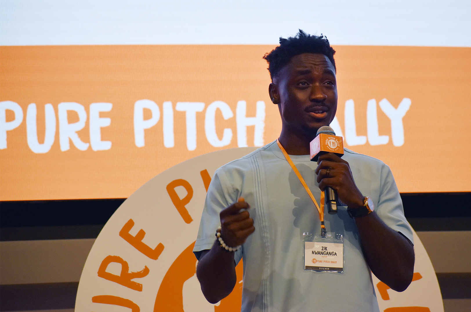 Zik Nwanganga, ULOM, pitches his startup during the 2024 Pure Pitch Rally; photo by Taylor Wilmore, Startland News