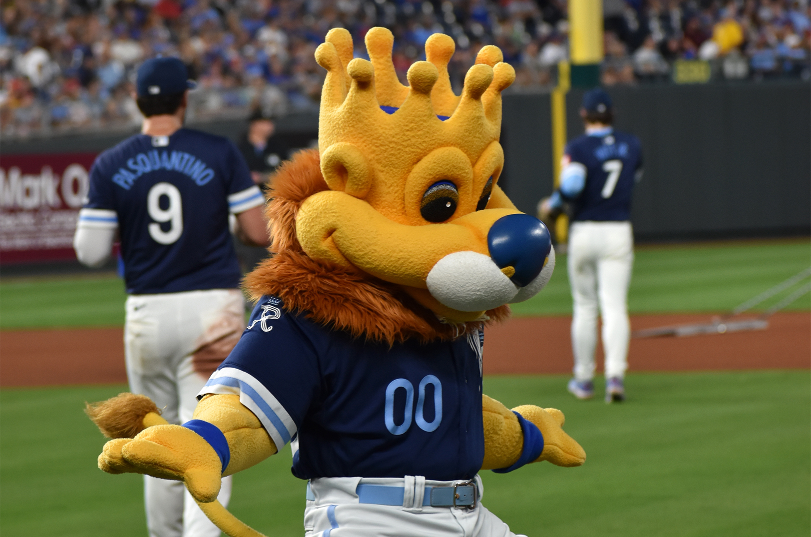The Kansas City Royals' mascot Sluggerrr mimes to fans at Kauffman Stadium in August 2024 during the regular season; photo by Tommy Felts, Startland News