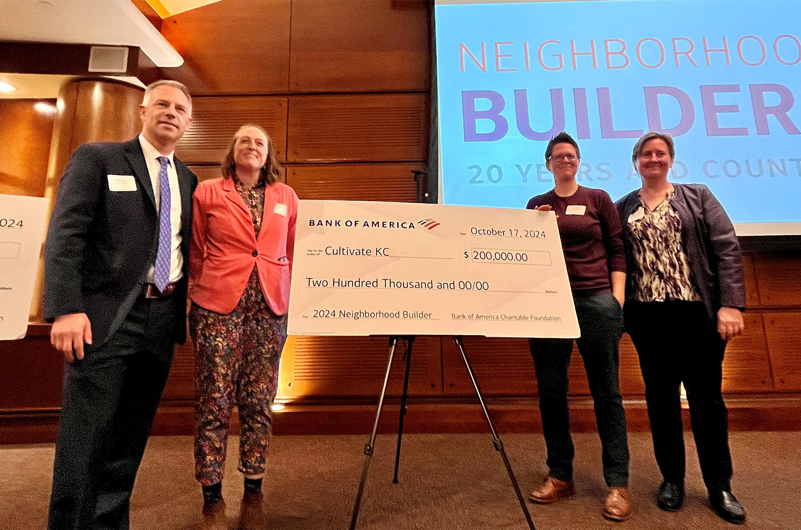 Representatives of Cultivate Kansas City are presented with their award from Bank of America's Neighborhood Builders program; photo courtesy of Bank of America 