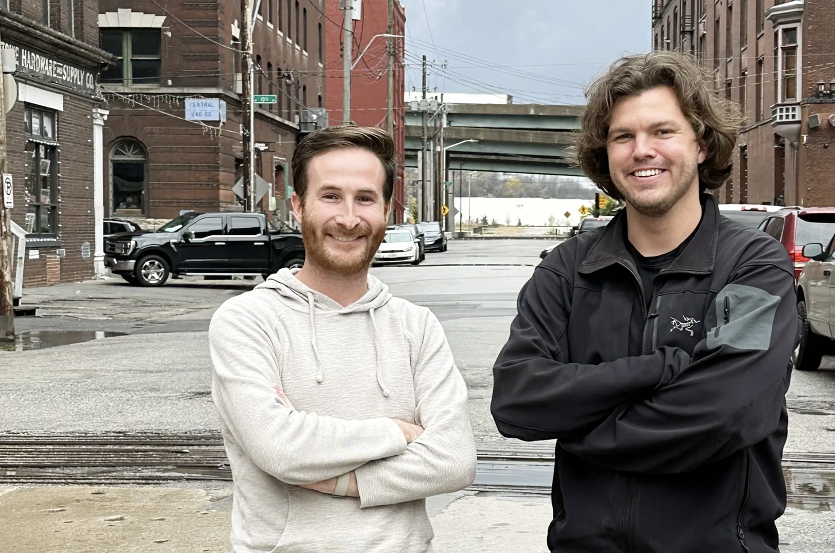 Ryan Cowdrey and Blake Herren near Raven Space Systems' West Bottom headquarters; photo courtesy of Raven Space Systems