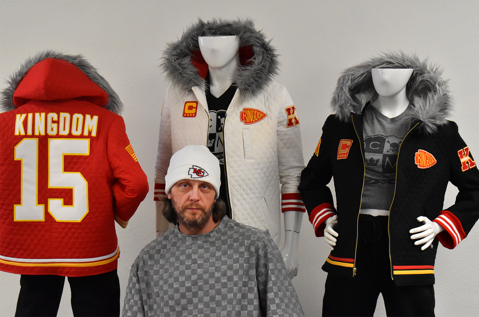 Christian Micheal Shuster, christianMICHAEL, at his Kingdom Coats popup at Independence Square; photo by Taylor Wilmore, Startland News