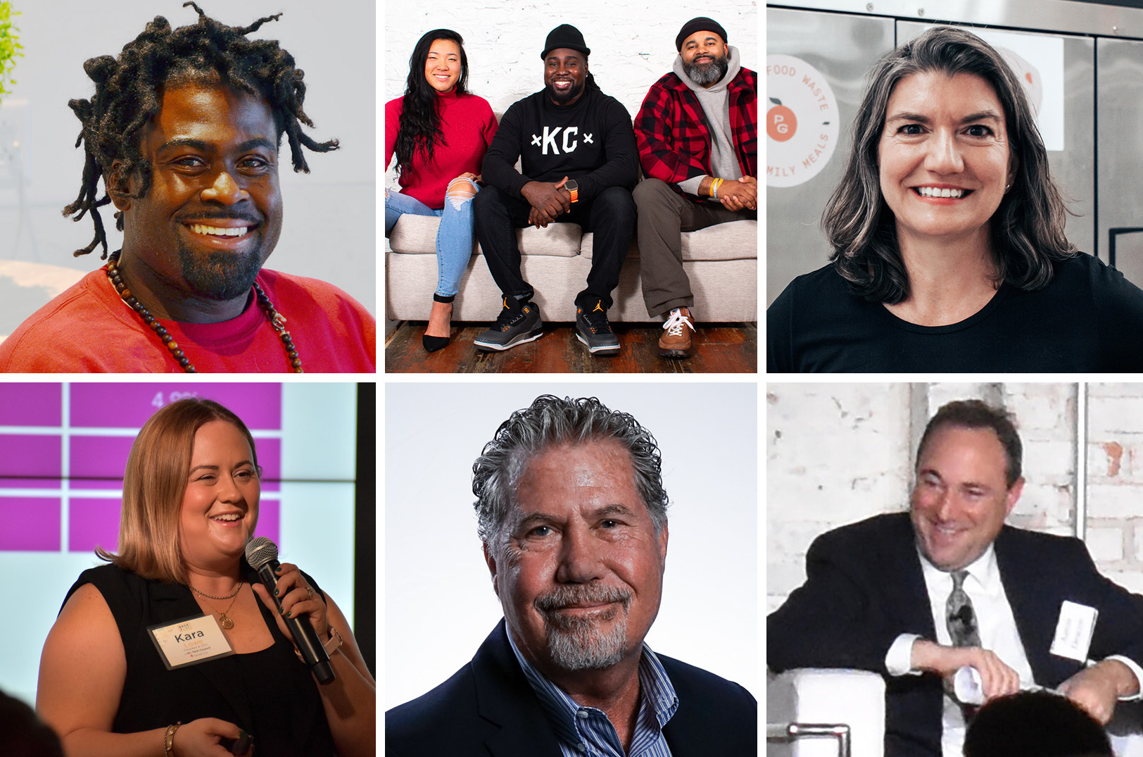 From top, left: Cornell Ellis, Brothers Liberating Our Community (BLOC), The Teach KC Collaborative: From Education to Economic Mobility; Miranda Schultz, Charon Thompson, and Dan Smith, The Porter House KC, Entrepreneurship Education Initiative; Tamara Weber, Pete's Garden, Coalition for Equity and Opportunity; Kara Lowe, KC Tech Council; Michael Sinnett, Goodwill MoKan, Workforce Partnership; Aaron Deacon, KC Digital Drive, Regional University Research Collective