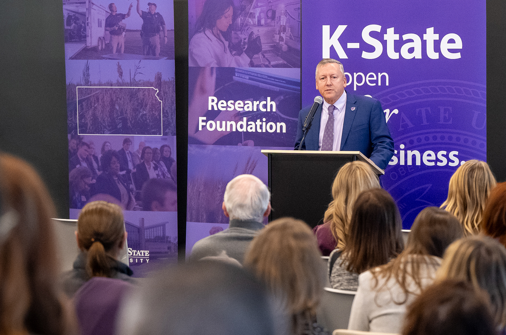 Richard Linton, K-State president, speaks at a K-State 105 ribbon-cutting event; photo by K-State News & Communications Services