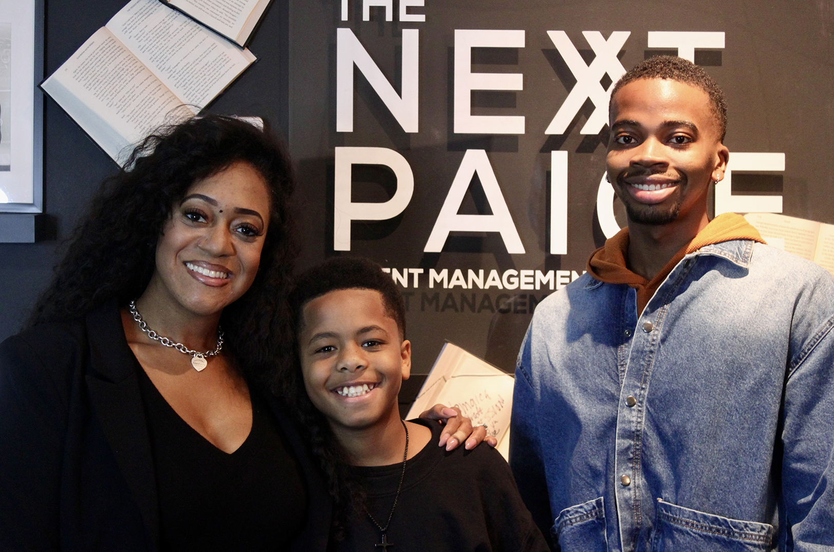 Elaina Paige Thomas poses with Kansas City actors Kaiden Johnson and Tripp Starr at The Next Paige talent agency; photo by Nikki Overfelt Chifalu, Startland News