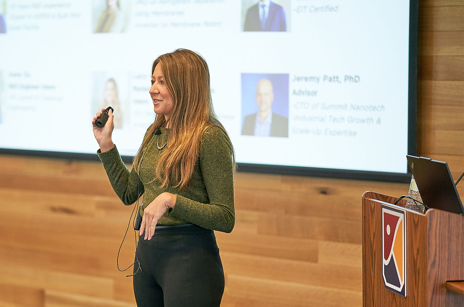 Kalin Baca, founder and CEO of Icorium Engineering, pitches her startup to a group of investors, largely from the newly organized Oread Angel Investors network at KU Innovation Park; photo courtesy of KU Innovation Park