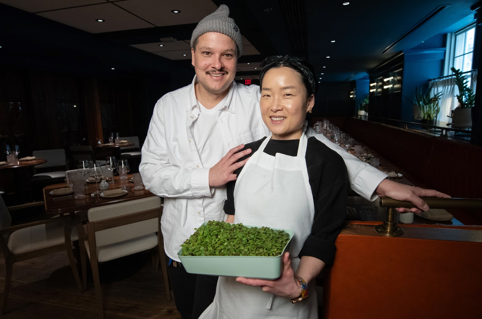 The husband and wife team of executive chef Johnny Leach and executive pastry chef Helen Jo Leach, at The Town Company. Helen Jo grows fresh herbs like lemon balm to use as garnishes. Both made it on to the list of semifinalists this year; photo by Julie Denesha, KCUR